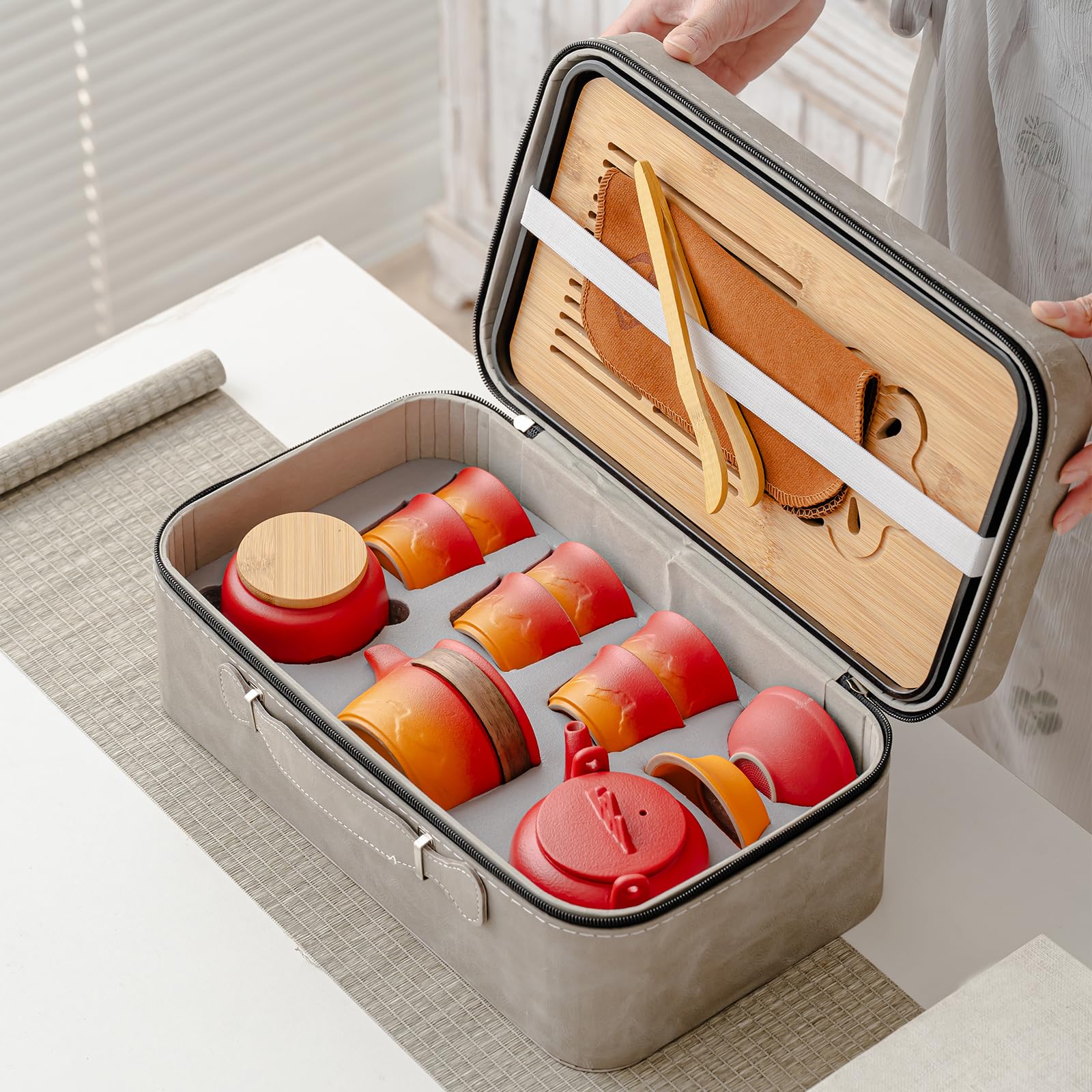 ICHAG Porcelain Chinese Tea Set, Gongfu Tea Set, Ceramic Portable Tea Set, Tea Sets for Adult, 13-piece Withgrey Leather Case, Tea set gift for Home,Outdoor,Business (Ceramic-Red Orange)
