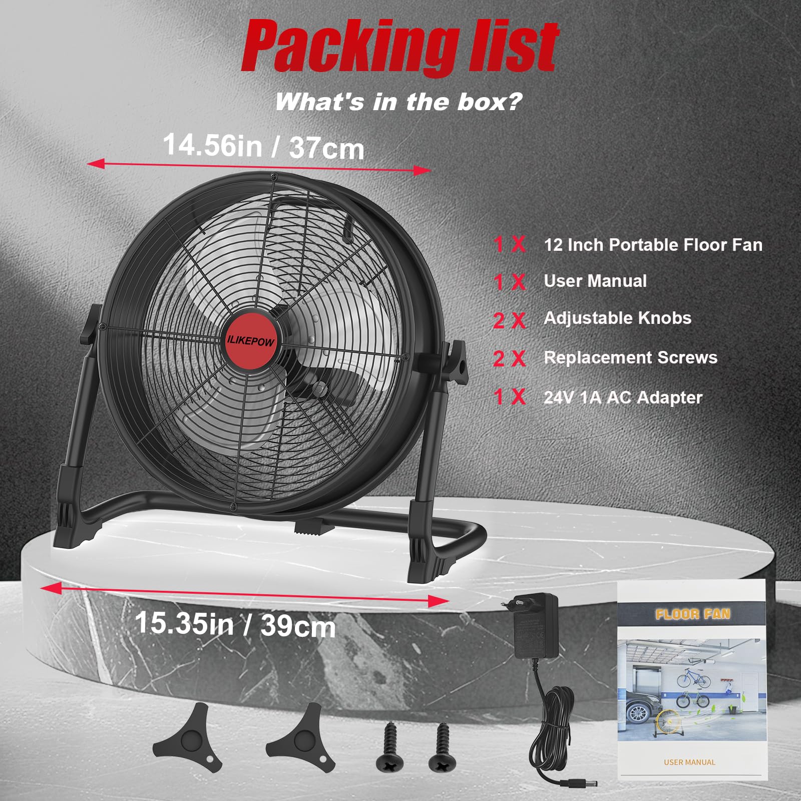 Ventilador de Suelo compatible con Batería Milwaukee 18V M18, 12 Pulgadas, Inalámbrico, Silencioso, Alimentado por Red, USB, Velocidad Regulable para Obra, Taller, Camping (sin batería)