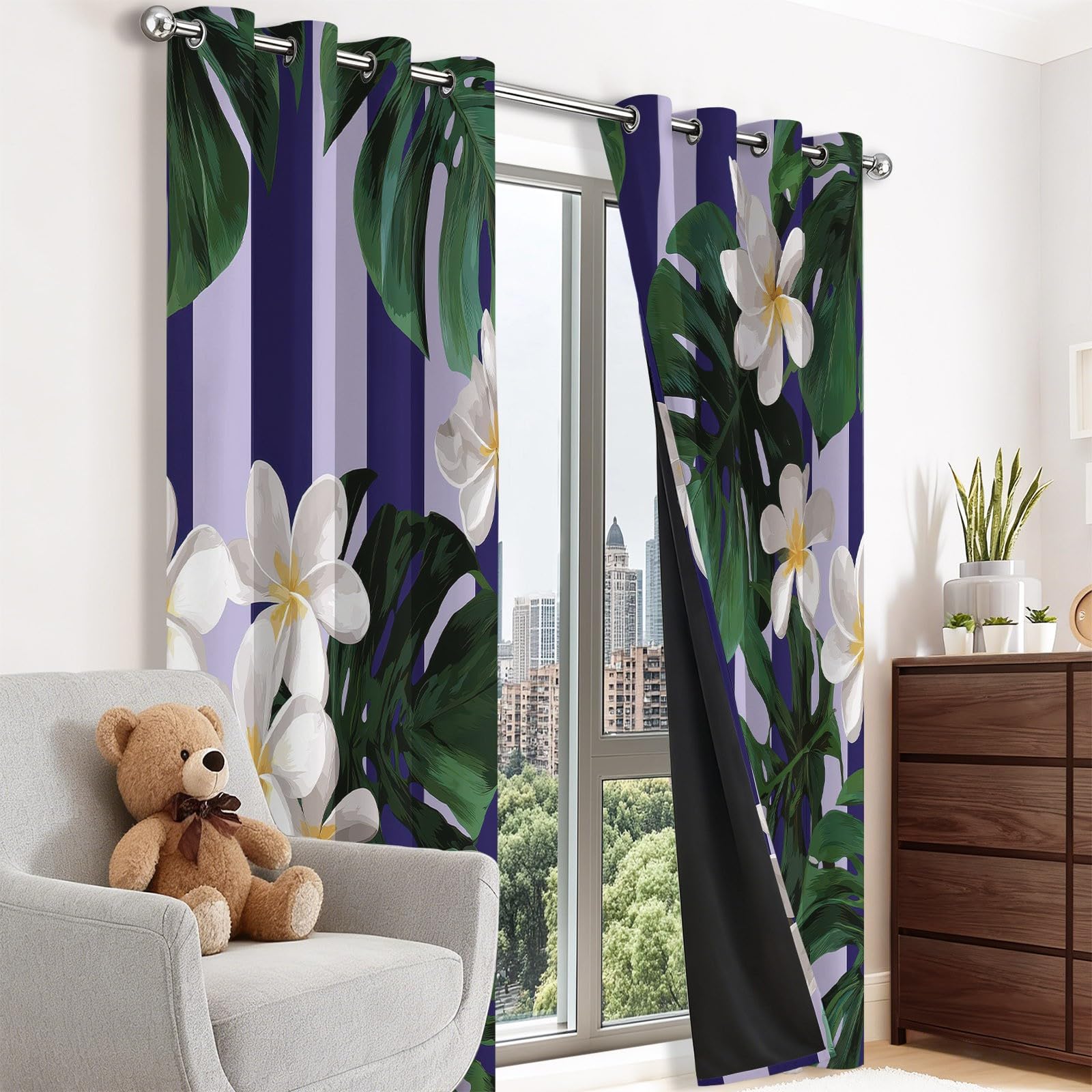 Verdunkelungsvorhänge B75 x H166 cm 2 Paneele, Geräuschreduzierung & Wärmeisolierung Mode Streifen Schick Floral Pflanzen Vorhänge Blickdicht für Schlafzimmer Wohnzimmer Kinderzimmer, Bunt