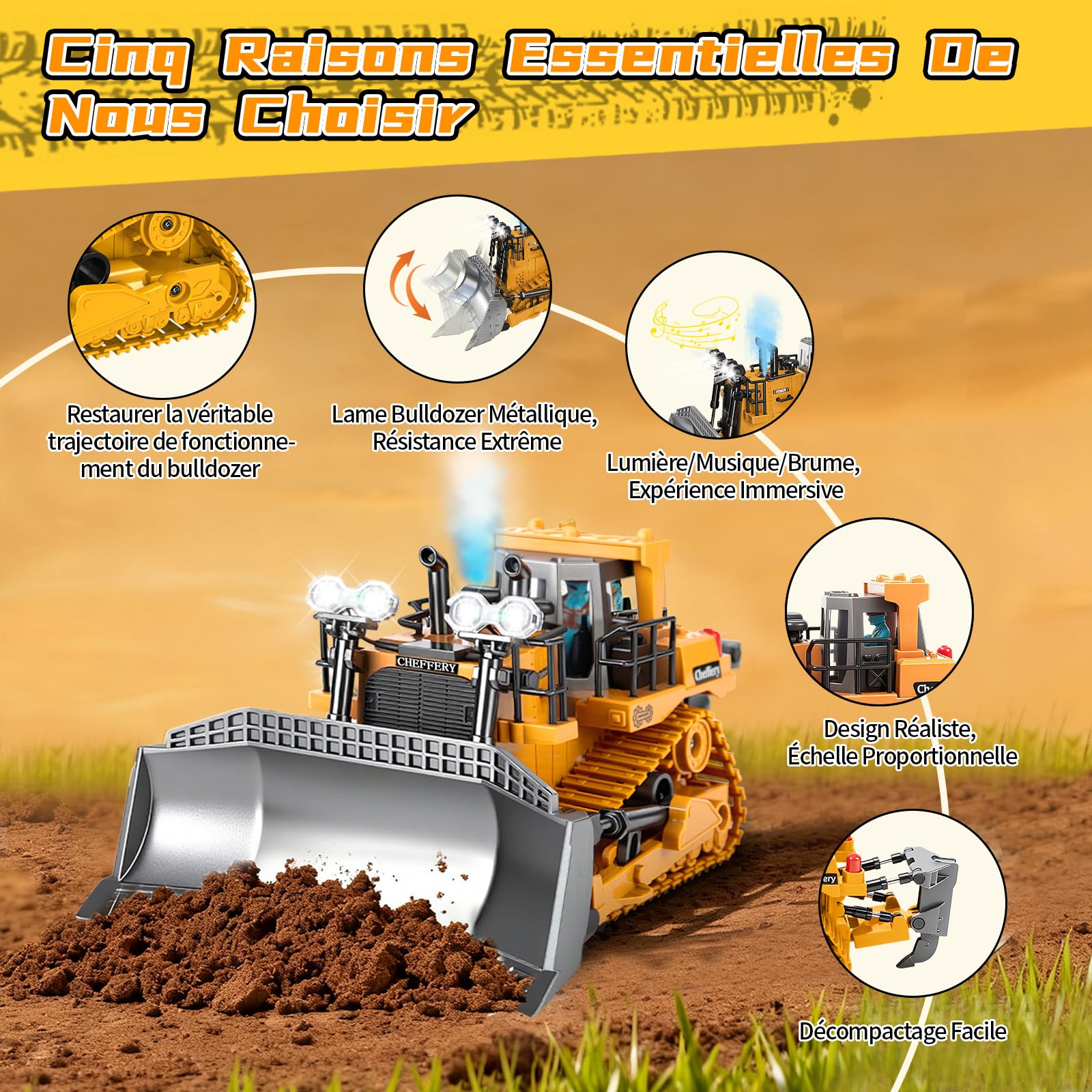 Bulldozer Télécommandé, 1:20 RC Bulldozer à 11 canaux, Jouet de Construction RC avec Lumières et Sonores, 2.4GHz Cadeau de Jouet Bulldozers pour Les Enfants Garçons Filles âgés de 4 à 12 Ans