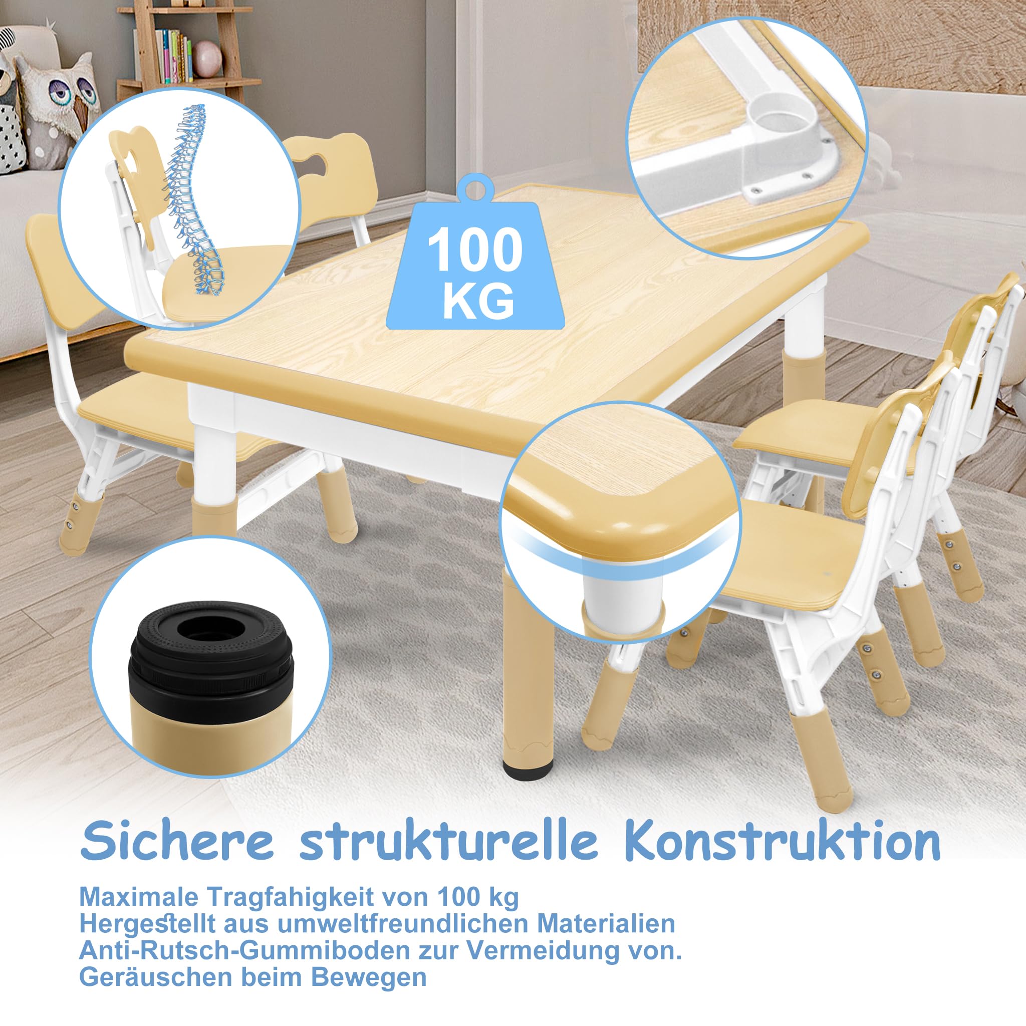 LARS360 Set da Tavolo per Bambini con 4 Sedie Regolabili, Set Tavolo Bambini in HDPE&ABS, Mobili Multifunzionali per Bambini a partire da 2 anni (120 x 60 x 60 cm, Colore Legno)