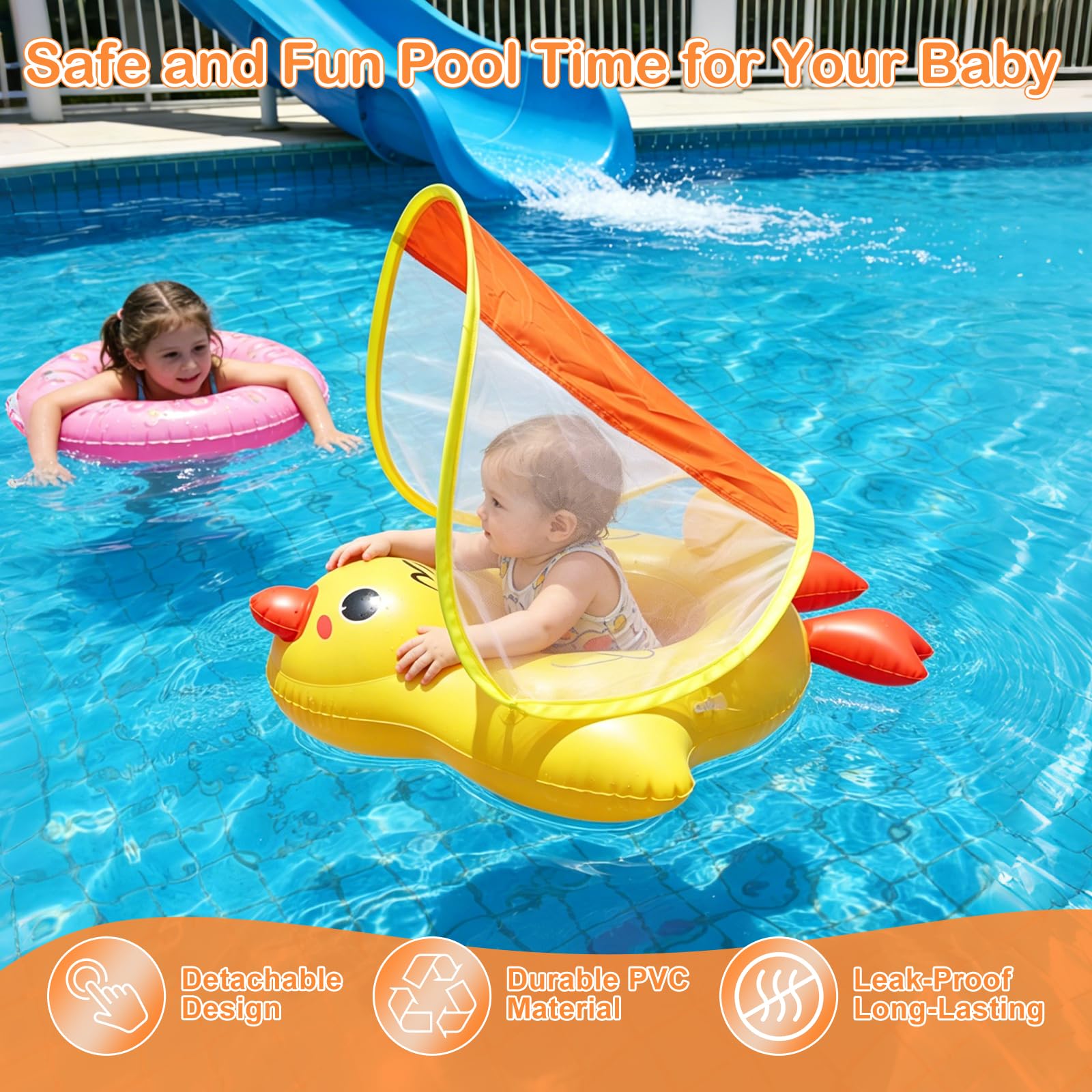 Qingning Galleggiante Neonato con Parasole Rimovibile, Anatra Salvagente Gonfiabile con Sedile di Sicurezza per Bambini, Galleggianti da Piscina Baby con Protezione Solare, Salvagente per Neonati