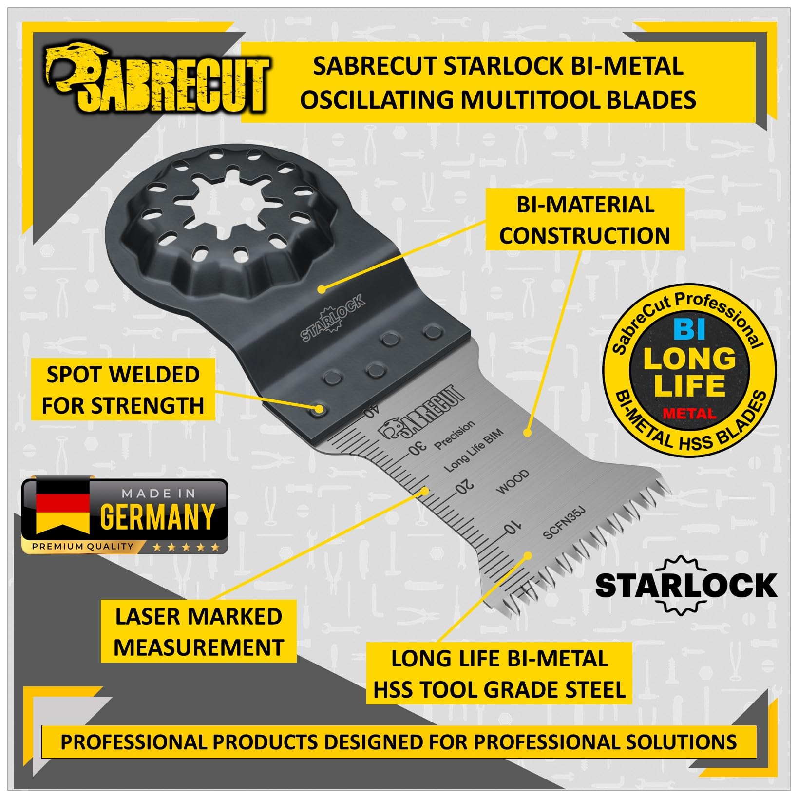SabreCut 5pcs SCFN35J_5 35mm x 40mm 14 TPI Grueso Diente Hojas multitool | Compatible con Bosch, Fein (Non-StarLock), hojas gruesas para cortes rápidos