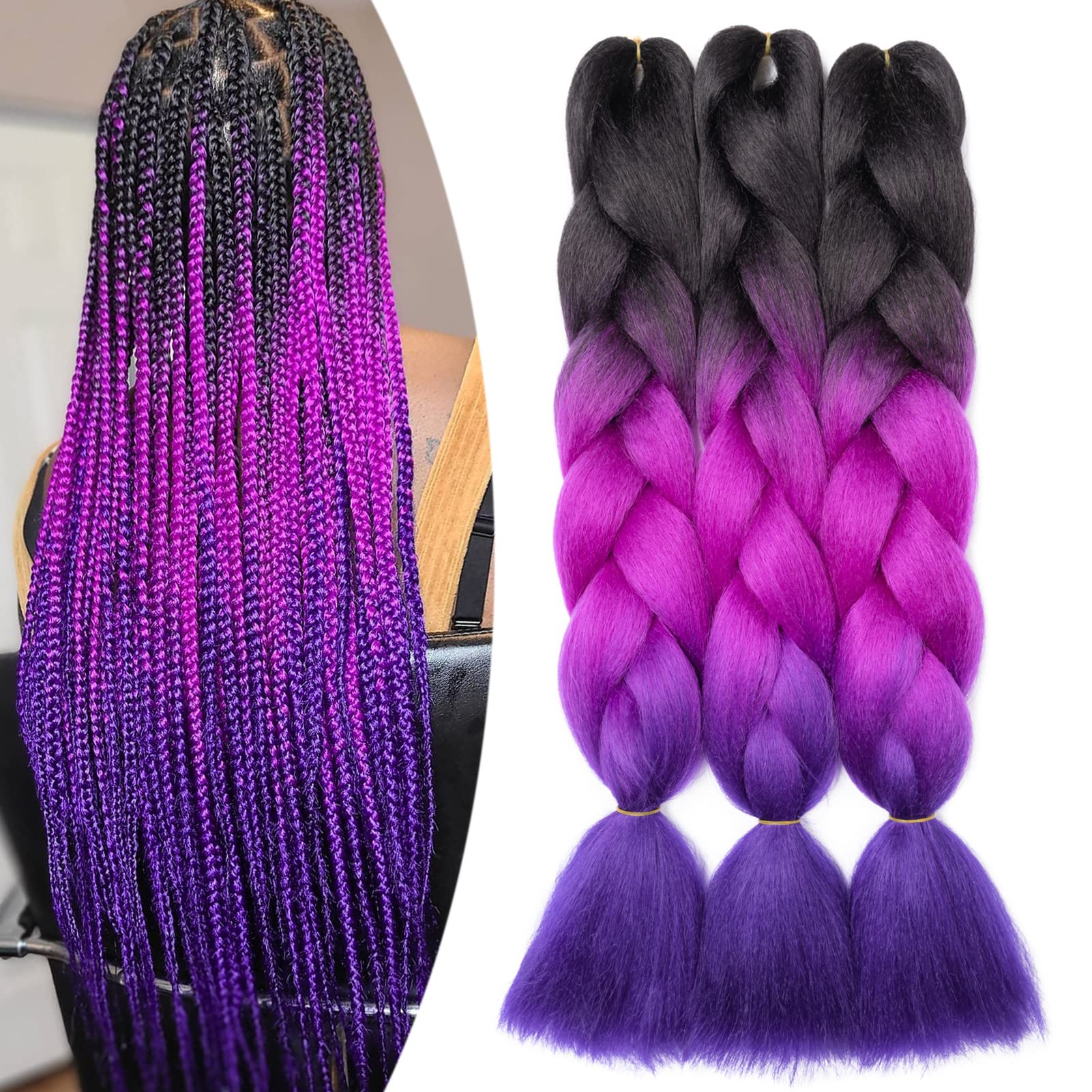 Gairyan 24" Extensiones para Trenzas Africanas Extensiones de Pelo Trenzas Africanas 3 Paquete Pelo Sintetico Extensiones de Trenzado de Cabello Box Crochet Braiding Hair (Negro-Fucsia-Azul Púrpura)