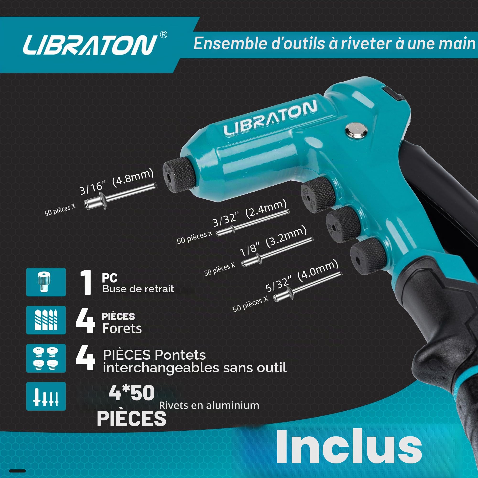 LIBRATON Pince à Riveter Professionnelle, Riveteuse Manuelle, Pince Rivet Aveugle, Pistolet à Rivet Pop avec 4 Types de Perceuses HSS et 200 Pièces Rivets 2,4mm 3,2mm 4mm 4,8mm