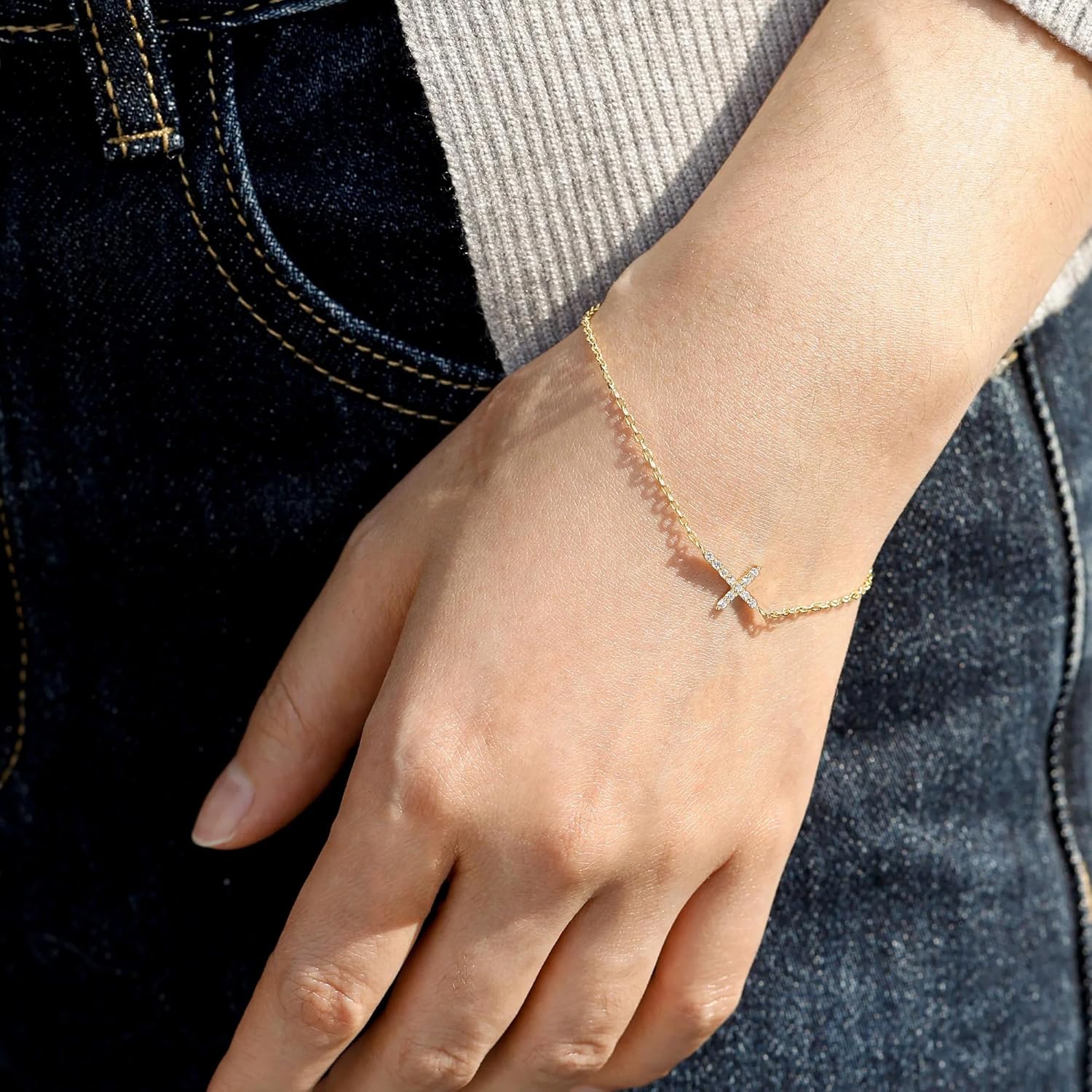 Moodear Valentines Day Gifts for Her, Dainty 925 Sterling Silver/14k Gold Plated CZ Cross Bracelet Layered Snake Pearl Chain Knot Bracelets for Women Trendy Religious Christian Jewelry - Image 3