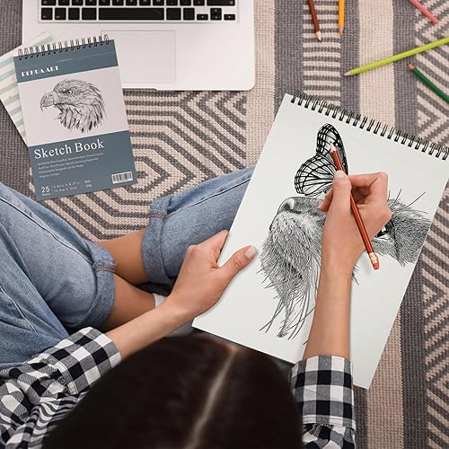 Miniatura 7 de Juego de 2 cuadernos de bocetos A4 y A5, 80 lb120 GSM, bloc de bocetos encuadernado en espiral superior, 75 hojas de papel grueso, tapa dura,