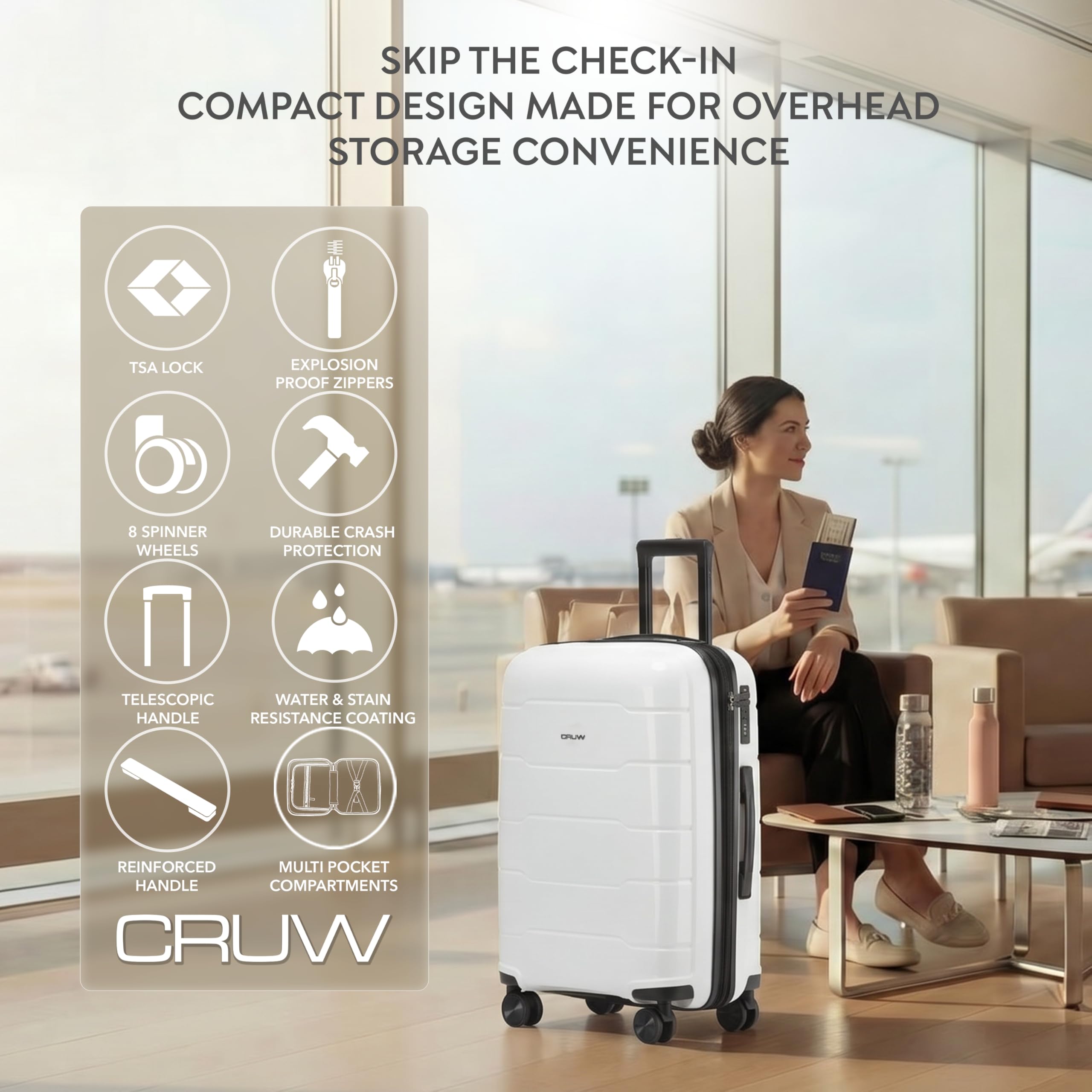 CRUW Hand Luggage, TSA Approved Lock, Silent Double Spinner Wheels Expandable Lightweight Suitcase – Bag Fits 56x45x25cm Overhead Carry On Limit for easyJet, BA, Jet2 & More – Black