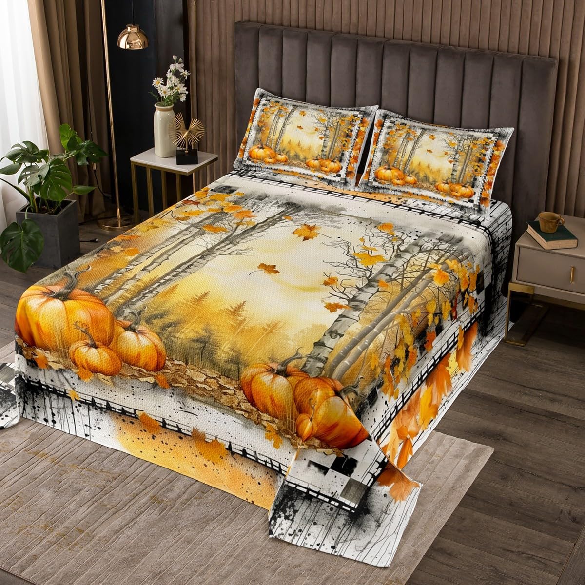 Erosebridal Autumn Decor Coverlet Queen Size Harvest Pumpkin Bedding Set, Oil Painting Aesthetic Bedspread Set Fall Jungle Tree Quilt Set, Maple Leaves Print Bed Set