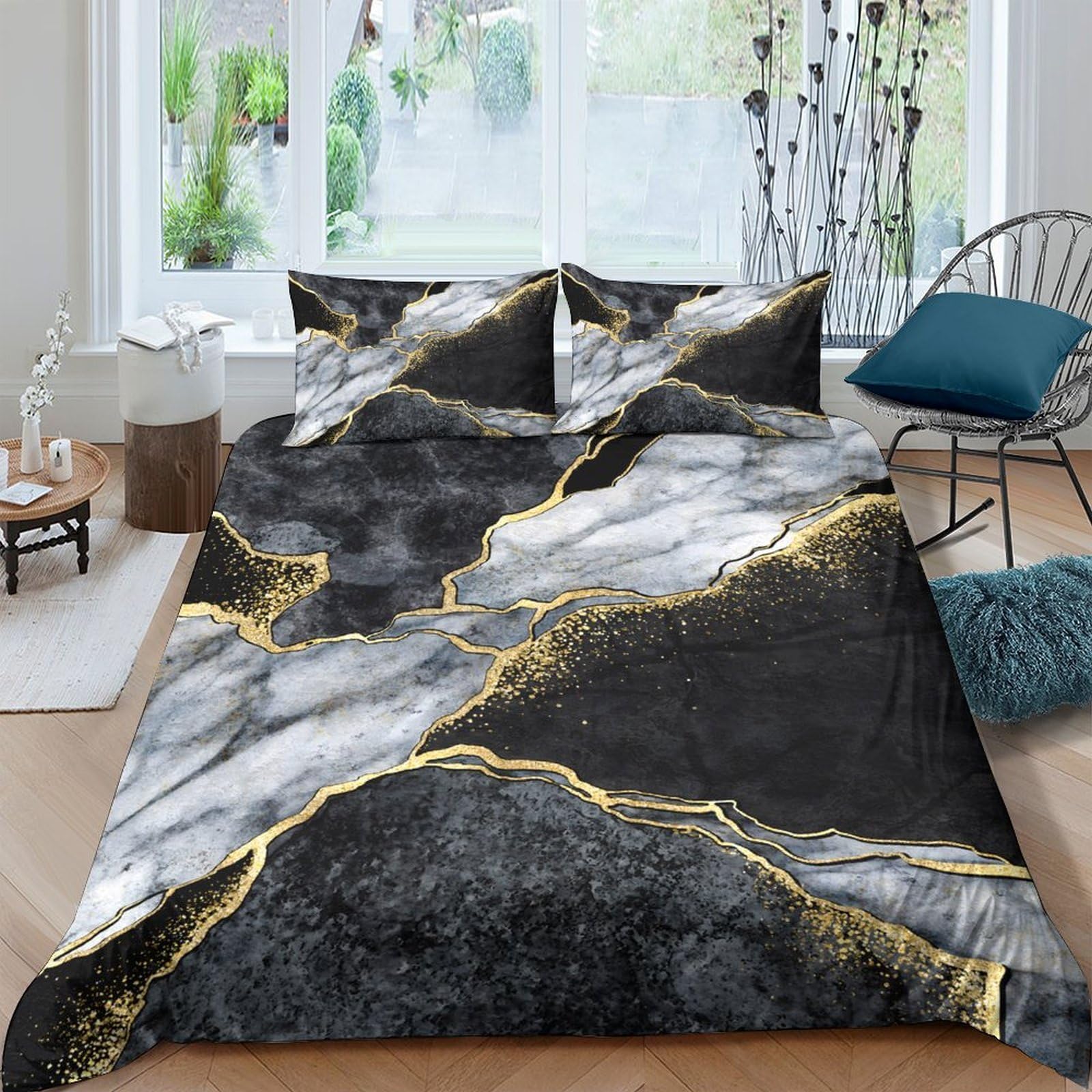 Ctjqhvkz Style-7 3D Printed Black Marble Fitted Sheet Microfiber Soft Gold Vein Bed Cover For Bedroom Dorm Mattress Protection Decor Single（135X200cm）