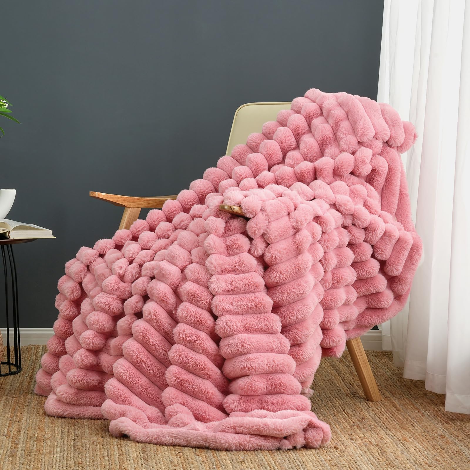Photo 1 of Cozy Bliss Faux Fur Throw Blanket for Couch, Cozy Warm Plush Striped Blanket for Sofa Bedroom Living Room, 50 * 60 Inches Hot Pink