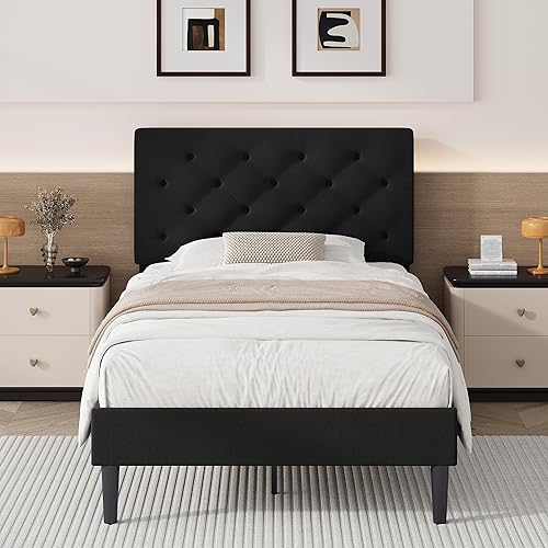 Miniatura 29 de BarnFurin Base de cama de tamaño matrimonial con cabecero, cama de plataforma tapizada con cabecera capitonada con botones ajustables, marco de cama