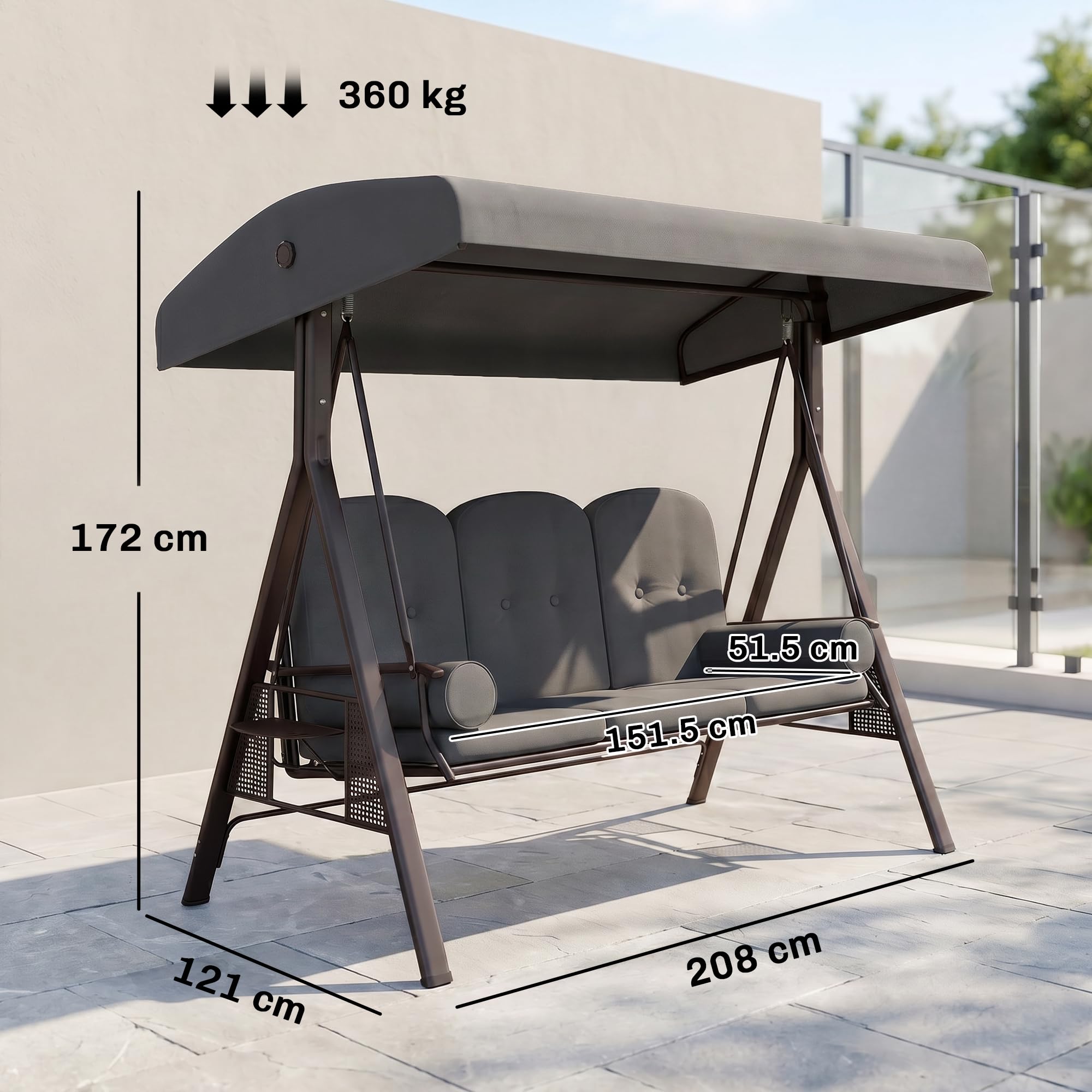 Outsunny Dondolo da Giardino 3 Posti con Tettuccio Parasole Regolabile, Dondolo da Esterno con Portabicchieri e Cuscini Imbottiti, Portata 360 kg, 208x121x172 cm, Grigio Scuro