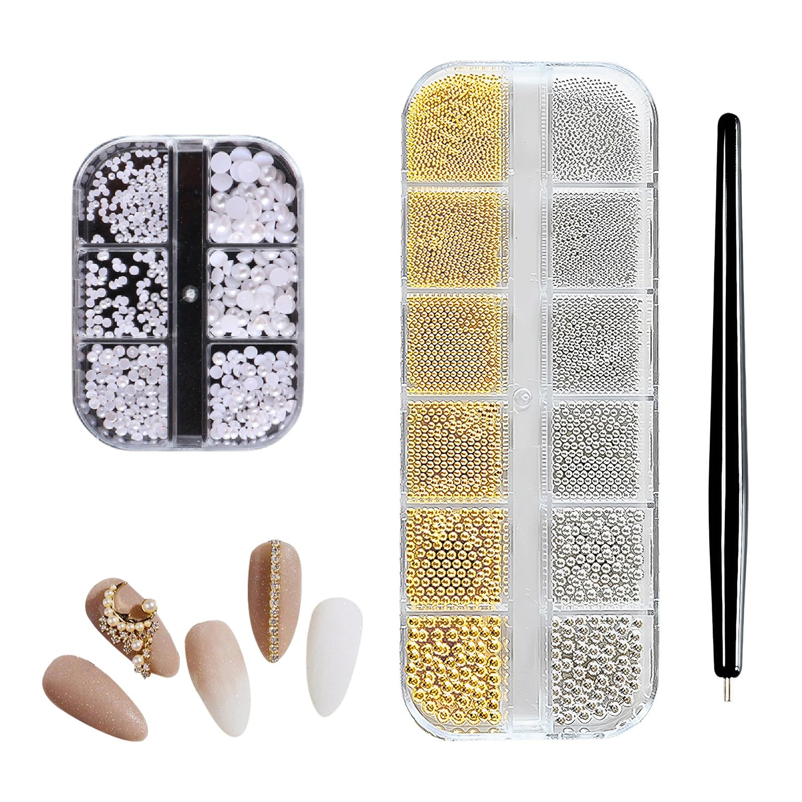 Strass per Nail Art, 1 Scatola di Piccole Sfere d'Acciaio, 1 Scatola di Perle Bianche Semicircolari, Aste Magnetiche, Utilizzabili per la Decorazione Delle Unghie, Decorazione Del Viso (1)