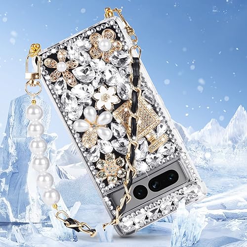 Miniatura 5 de Leiju Case Funda para Google Pixel 7 con diseño de correa con purpurina, 3D hecha a mano con piedras brillantes de cristal y diamantes brillantes