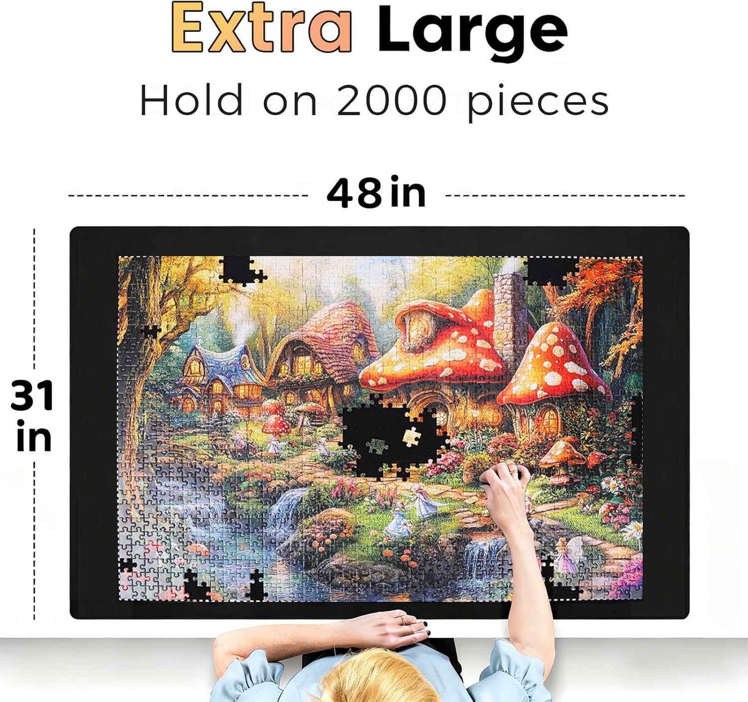 Lwoeo Jigsaw Puzzle Mat Roll Up 2000 Pieces, Black 48” x 31” Smooth Top Saver Pad, Large Rubber Puzzel Matt Rollup with 6 Sorting Trays & Travel Storage Bag for Sorting Table, Board, Puzzles Mats