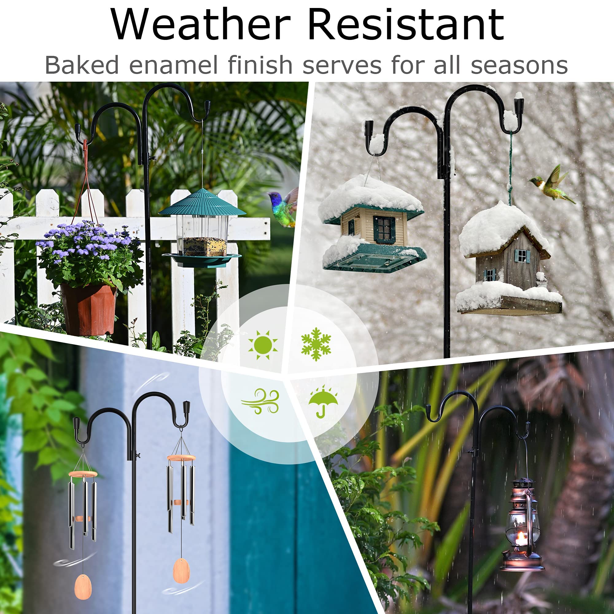 PEEKI Double Shepherds Hook, Adjustable Bird Feeder Pole for Outside with 5-Prong Base, Heavy Duty Garden Shepards Hooks for Outdoor Plant Hanger, Hummingbird Feeder Stand (63� Overall Height, 1-Pack)