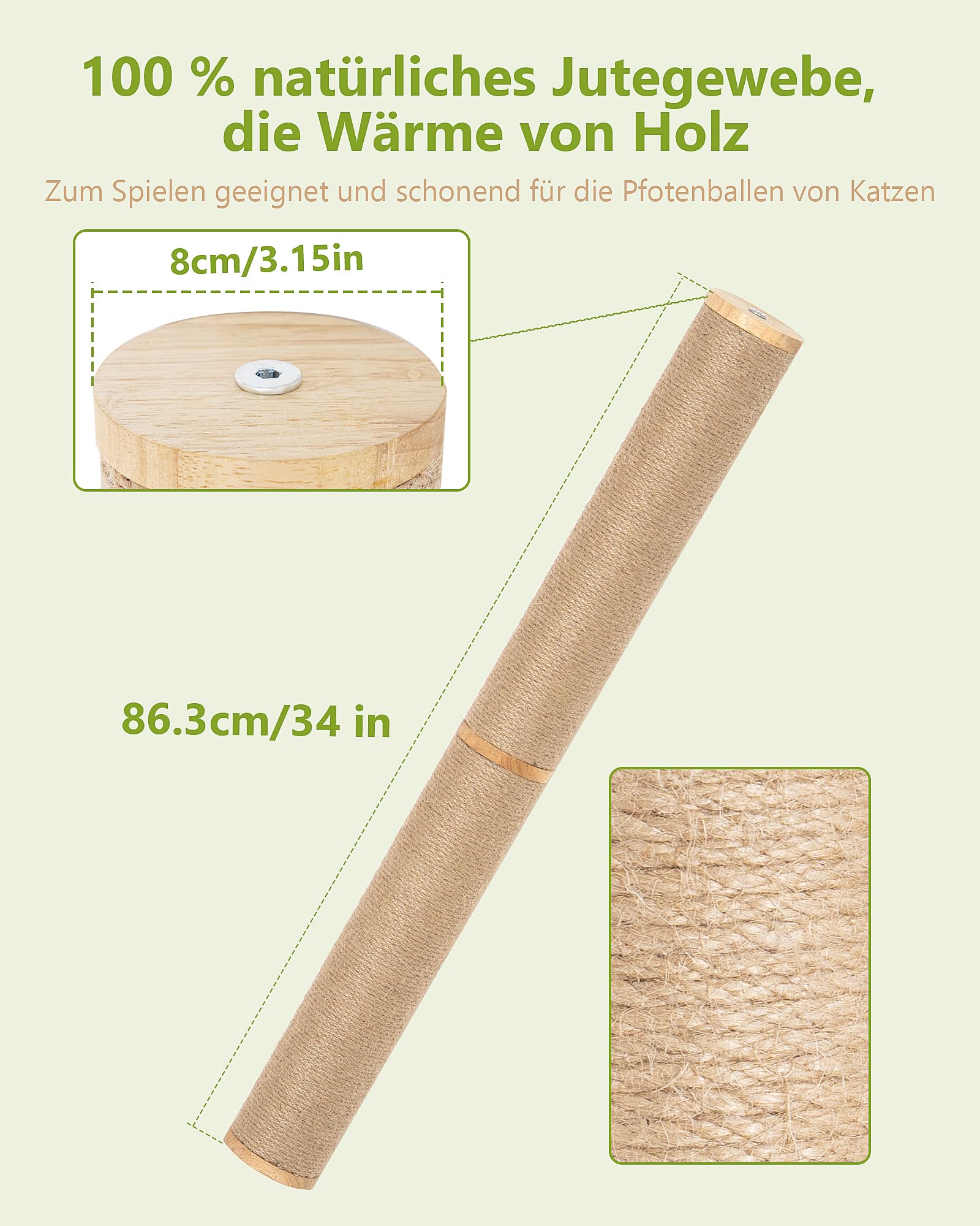 Kratzsäule für Katzen zur Wandmontage, 86 cm hoch Kratzbaum Wandmontage Holz, Stabiler Wandsäule aus natürlichem Juteseil, platzsparendes und drehbarem Design