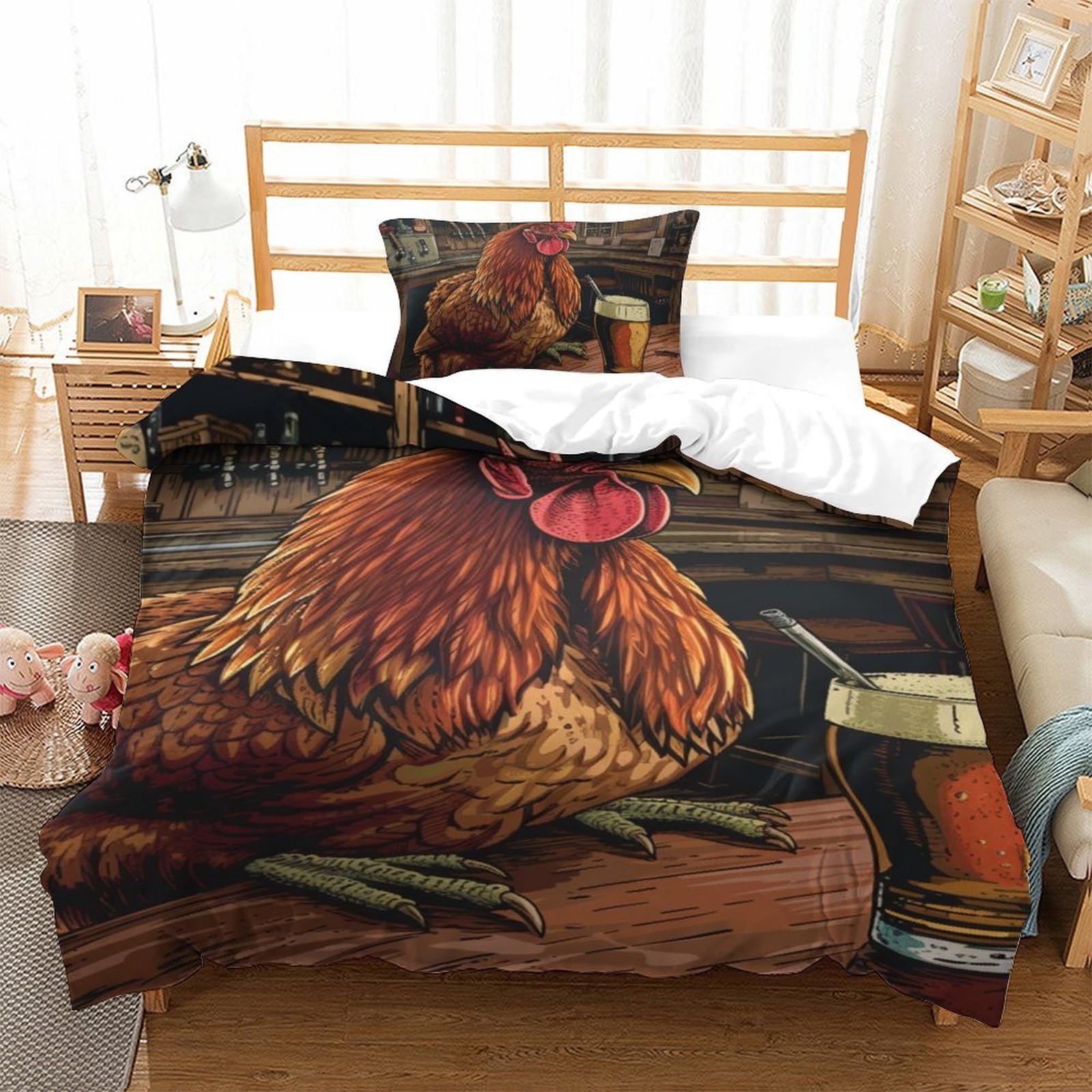 Housse de couette respirante Coq 3D en microfibre super douce pour lit 1 place 135x200