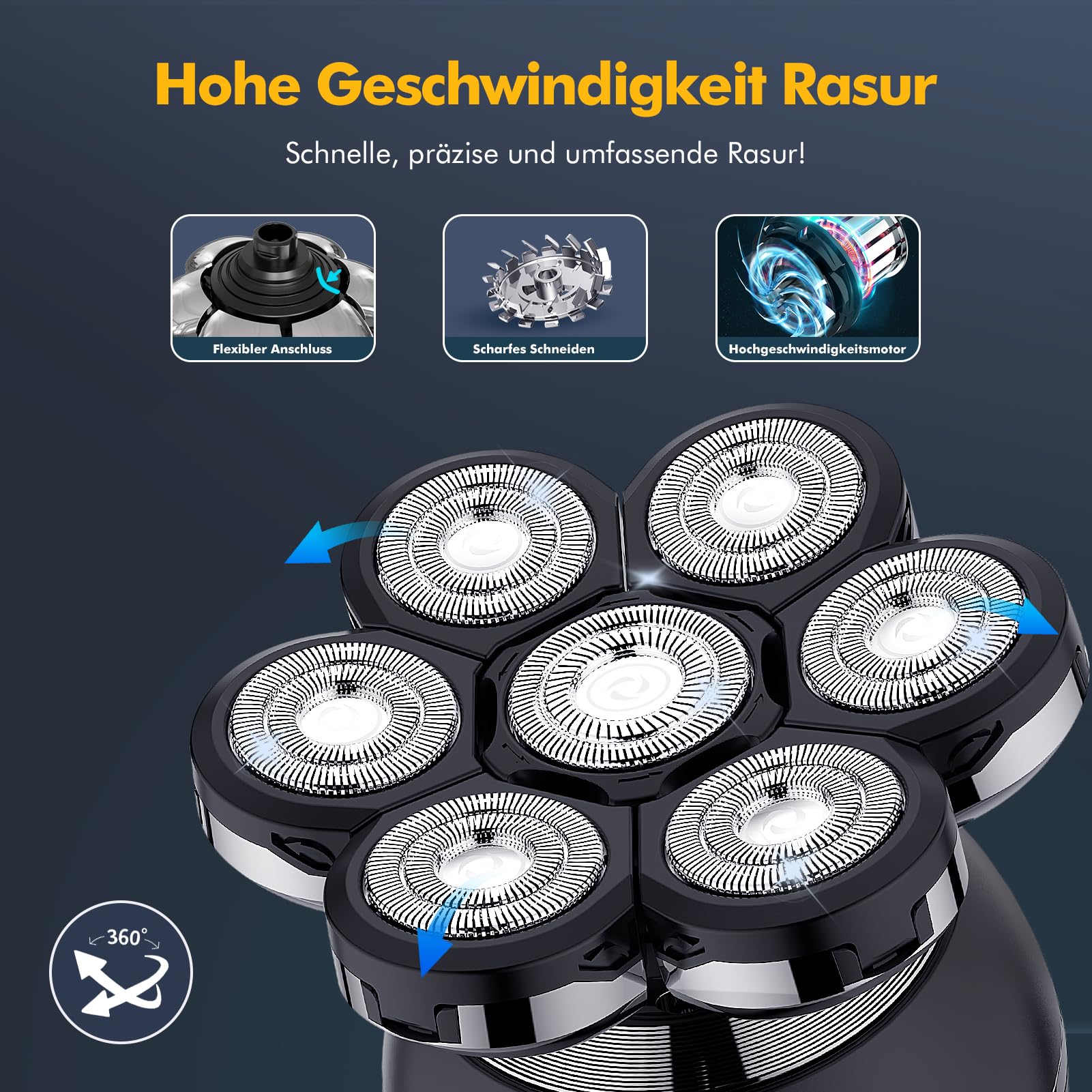ETENTOUS Glatzen Rasierer Herren Elektrisch, 7D Elektrorasierer Herren -6 in 1 Kopfrasierer für Männer mit Glatze IPX7 Wasserdicht Bart Nasenhaar Trimmer Pflege Kit -Nass&Trocken-Kopfrasierer Glatze