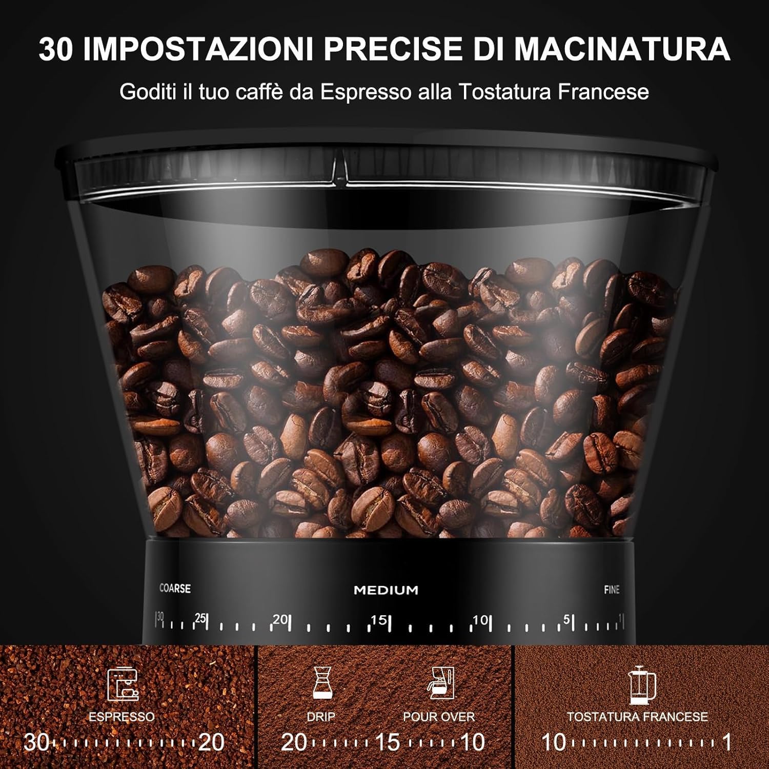 AMZCHEF Macinacaffè elettrico regolabile con 30 livelli di macinacaffè elettrico per macchina da caffè professionale, con display LCD e timer digitale
