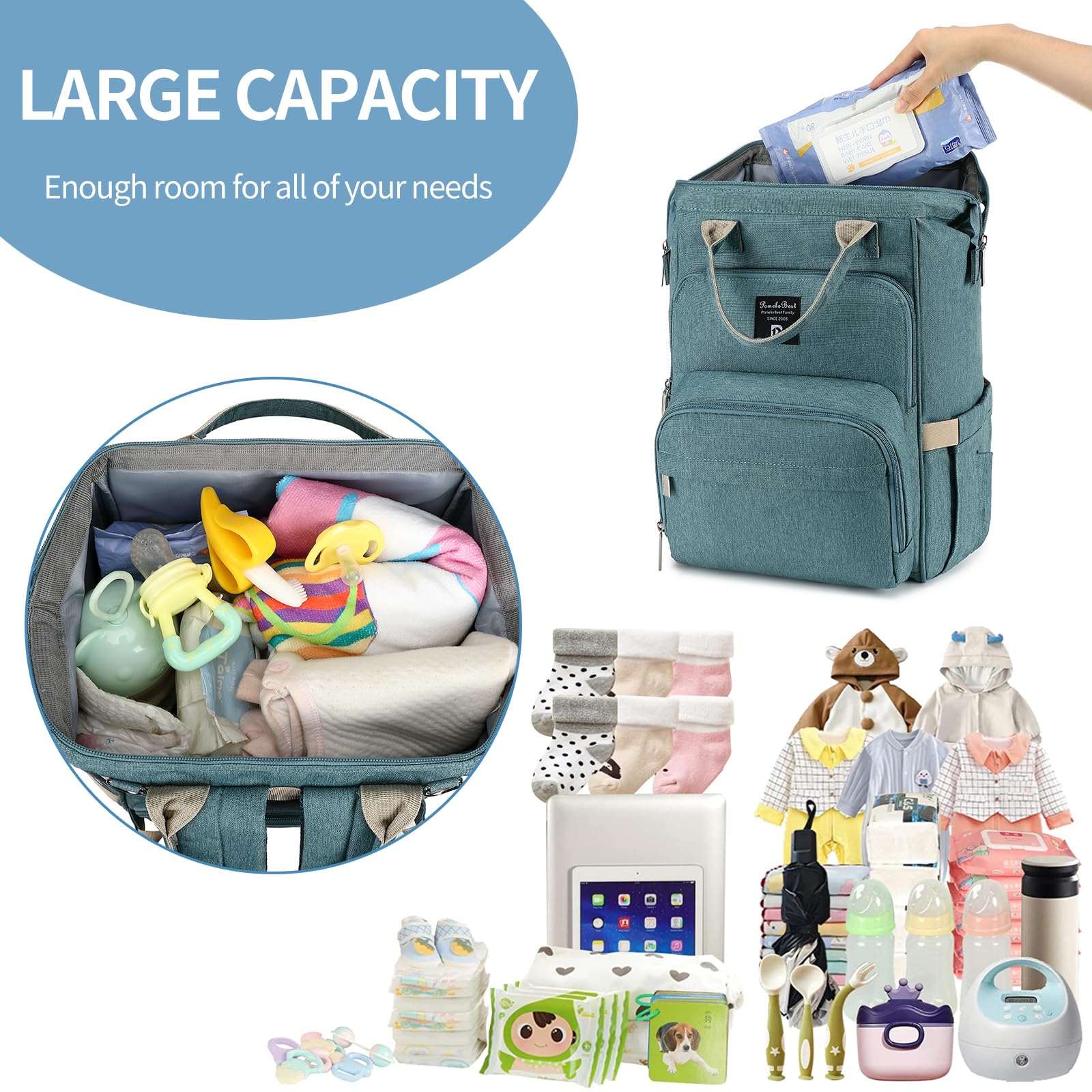 Pomelo Best Zaino Fasciatoio per Bambini, Elegante, con Fasciatoio Multifunzionale, Impermeabile, Grande Capacità, per Viaggi, Colore Blu Foschia, Nuova versione