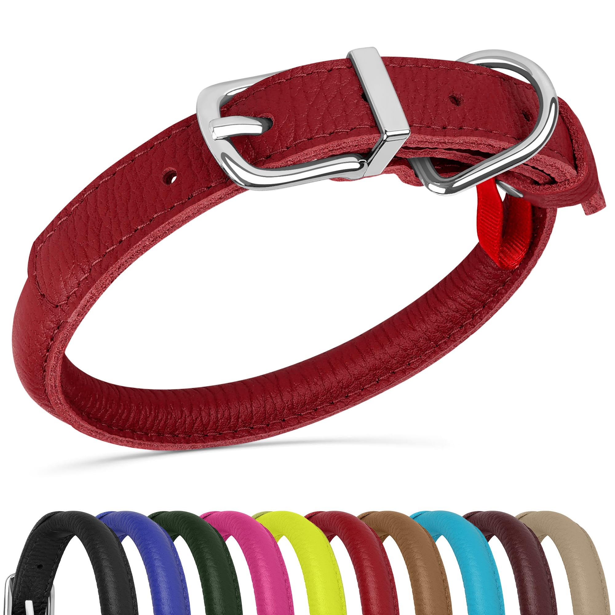 OOPSDOGGY Rolled Leather Dog Collar Soft Roll Collars for Small Medium Large Dogs Puppy (Red, XL, 17"-21")