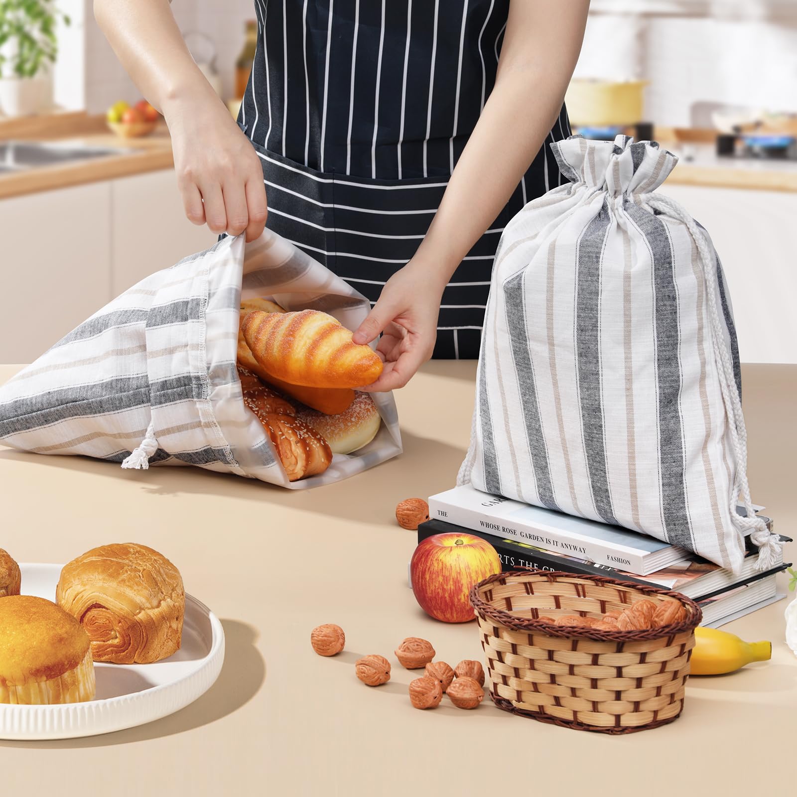 WEIFUTCH 3-Pack Reusable Linen Bread Bags With Bowl Covers - 17.7x12 Inch Sourdough Storage & Proofing Bags