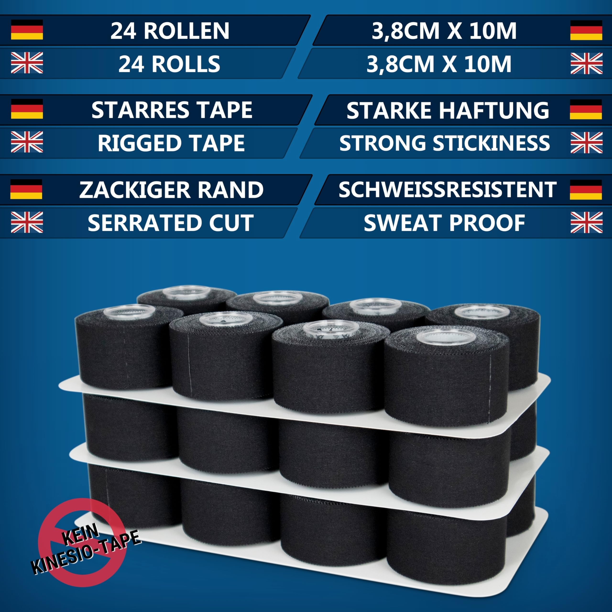 HELETIC Sporttape 3,8cm x 10m - Athlete Pro | unelastisches, starres Tape mit extra starker Haftung, Plastikkern und schweißresistent
