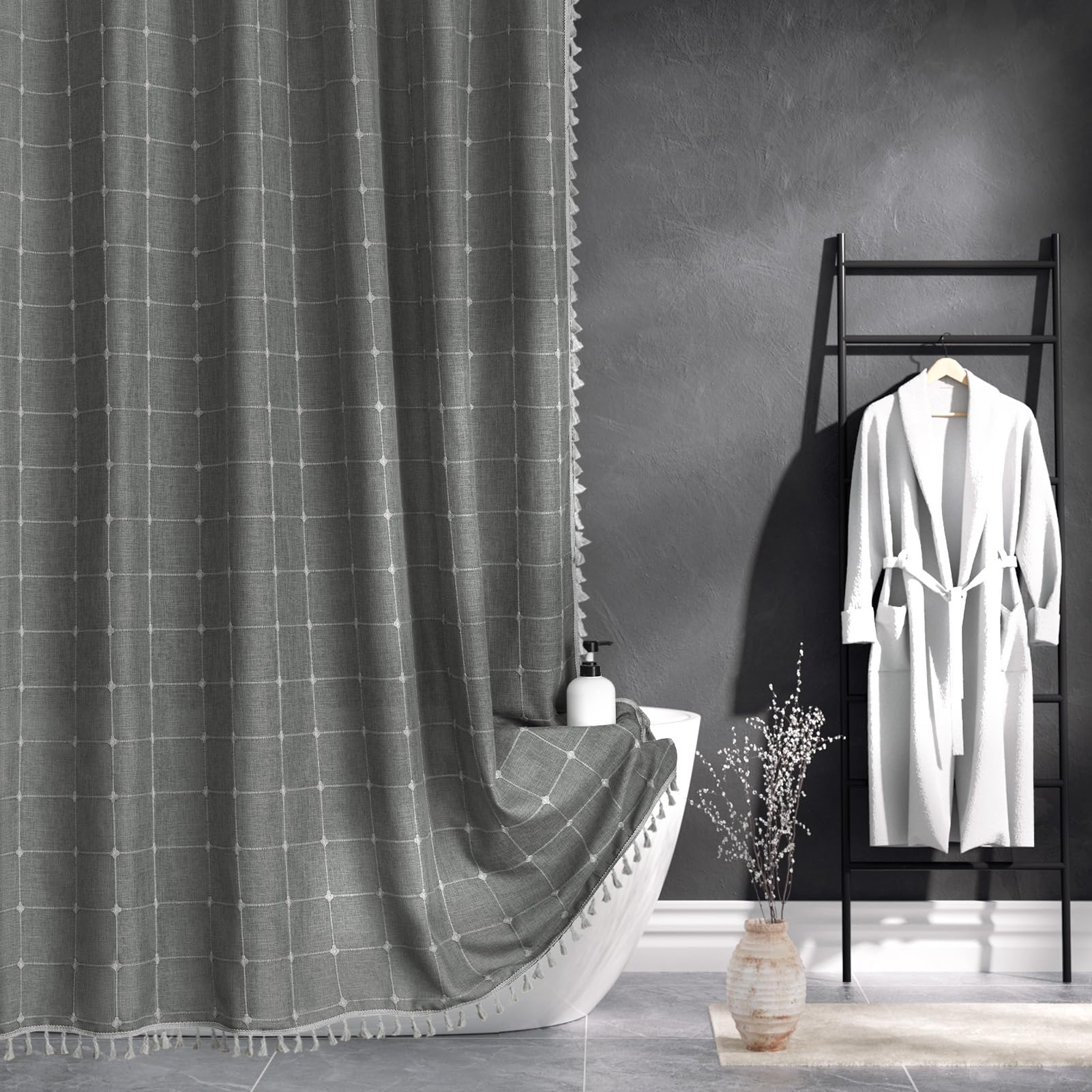 Rideau de douche en tissu robuste texturé en lin de style bohème et moderne avec glands, pour salle de bain, imperméable, 183 x 183 cm, gris anthracite