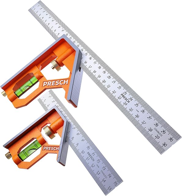 Presch Combination Square Set 150mm & 300mm Metric  Two Accurate Metal Carpenters Tools with Square Ruler  Try Square Set  High-Quality Measuring Tool