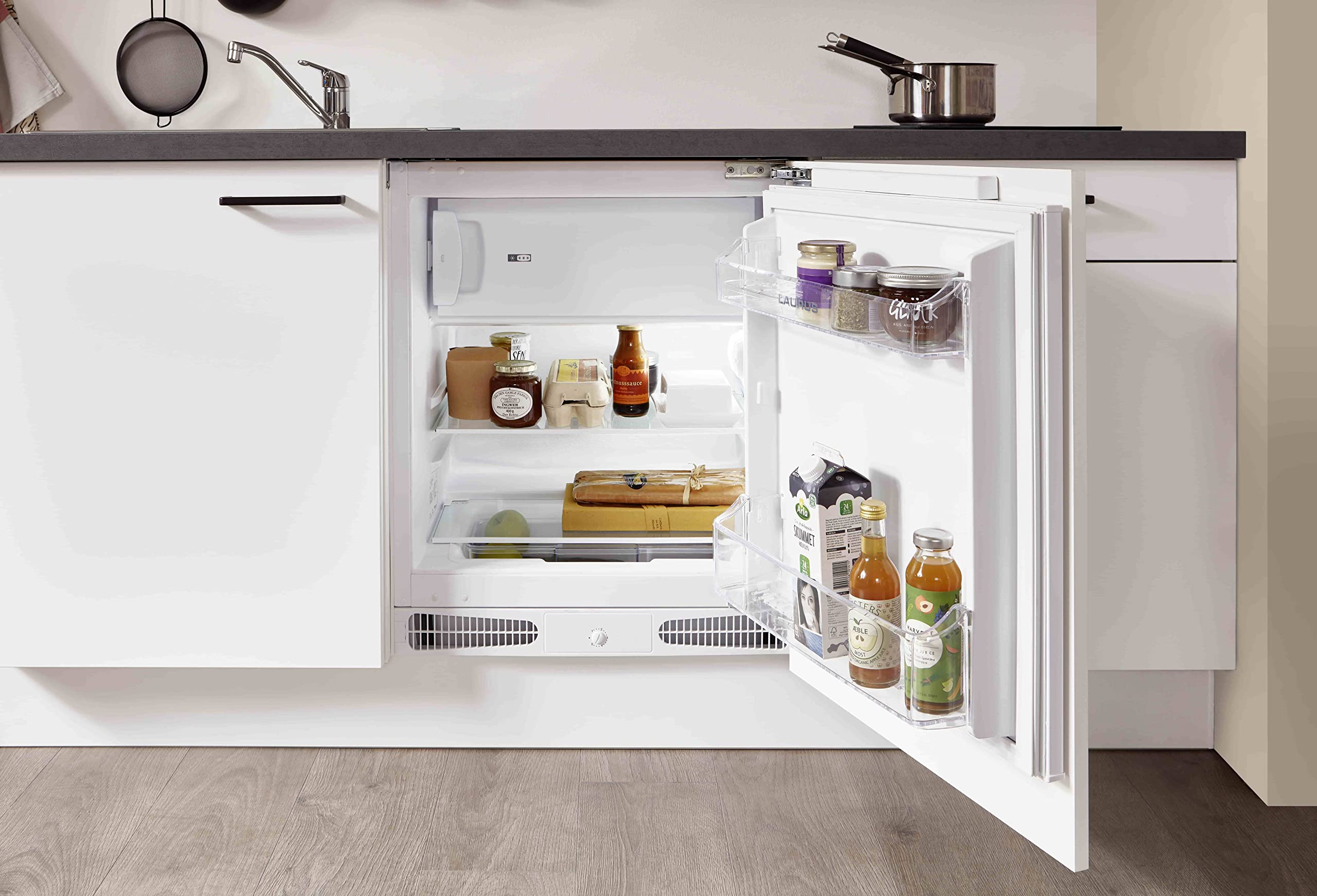 WALLERS cuisine complète 180 cm : Meubles 19mm + Plan de travail 3,8cm + Frigo intégré table top + Plaque de cuisson 2 foyers + Mitigeur (180 cm évier à droite, Plan de travail couleur chêne)