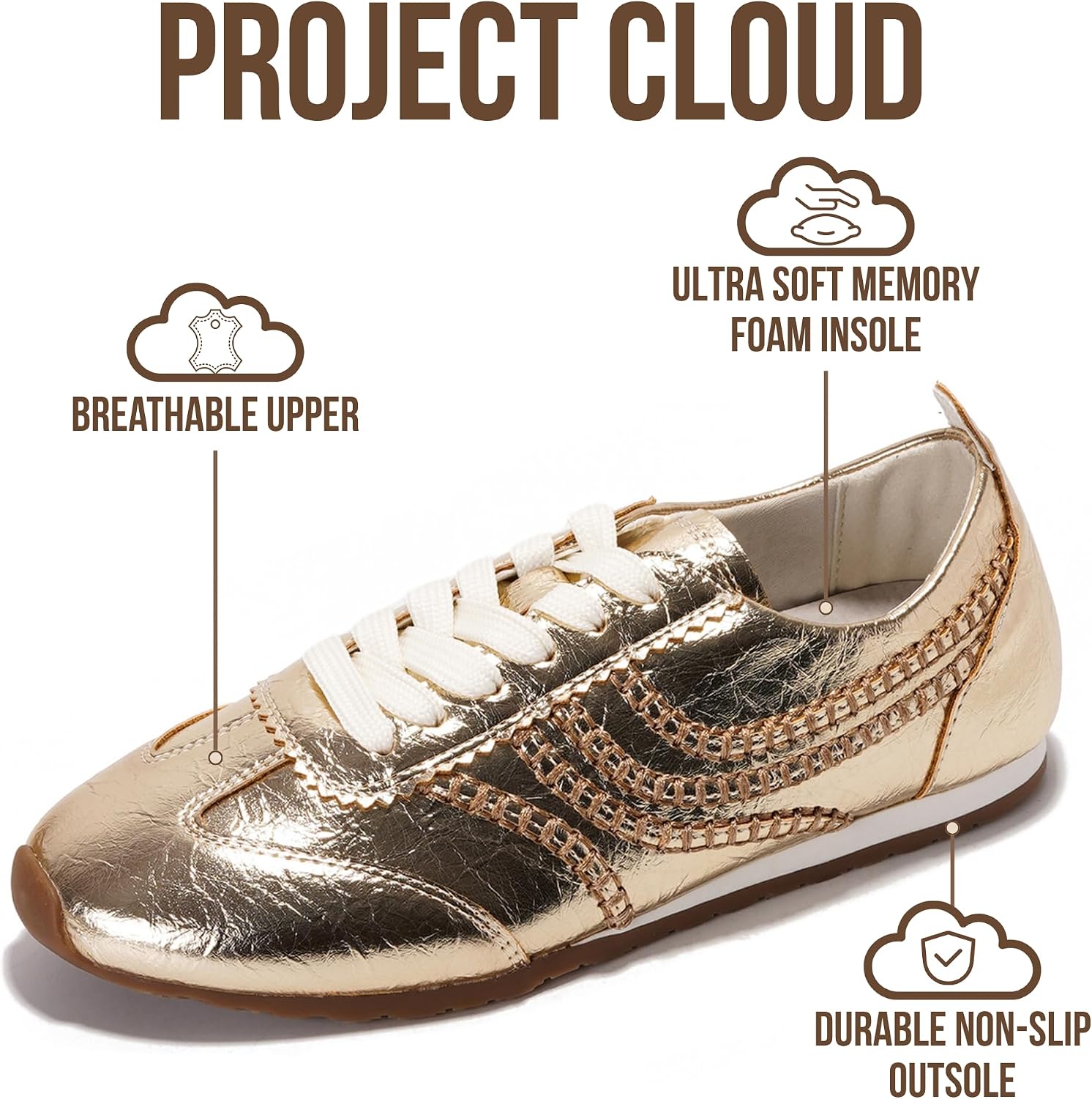 Project Cloud Leather Barefoot Shoes Women – Memory Foam Lace-Up Womens Sneakers – Lightweight & Non Slip Womens Shoes Casual – All-Day Women's Fashion Sneakers for 2026 (Monica)