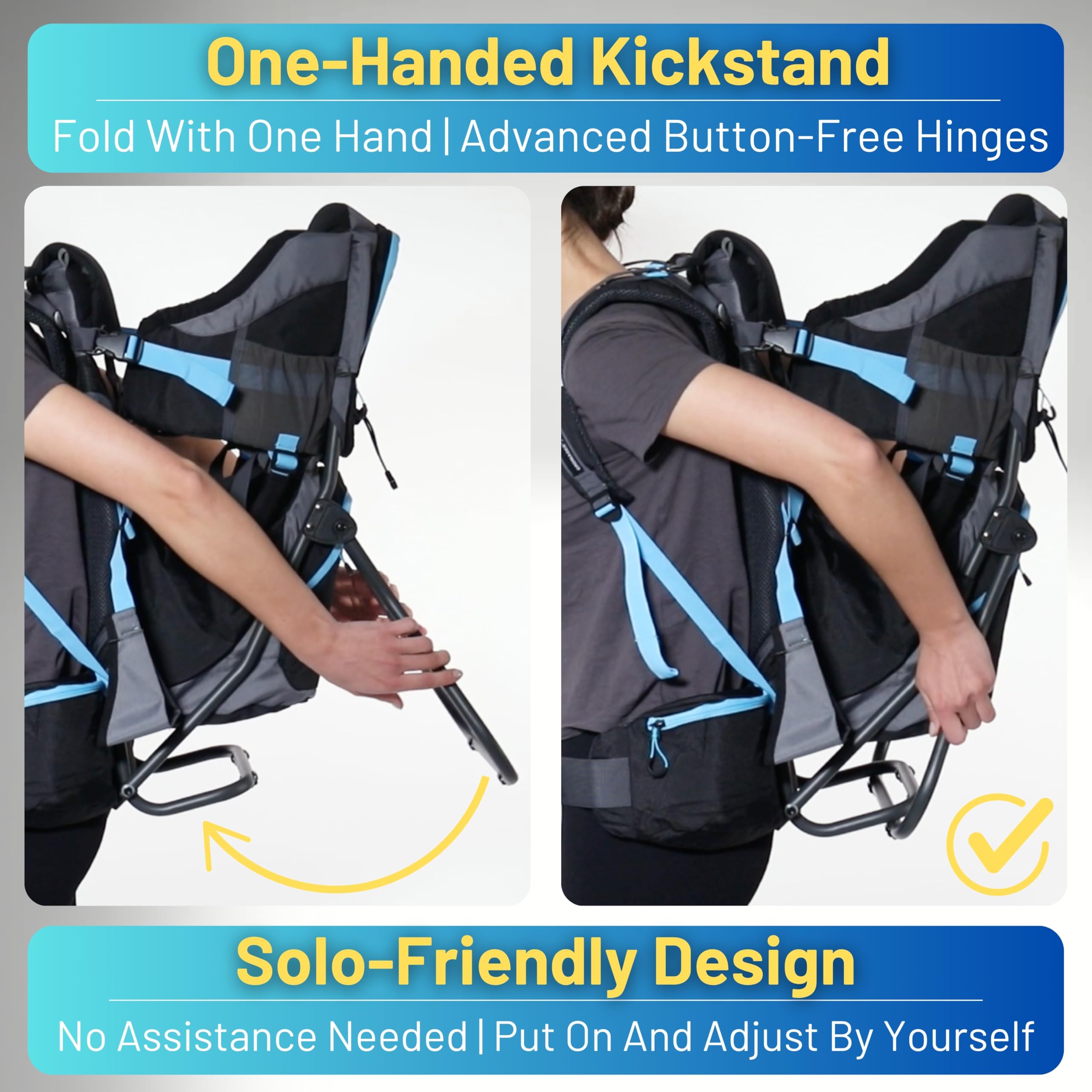 DROMADER Mochila Portabebe Montaña - Portabebes Senderismo hasta 22kg con Protector Solar, Protector de Lluvia, Bolsillo Térmico y Cambiador - Estructura Plegable con Una Mano - Negro y Azul