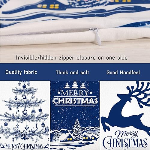 Miniatura 3 de Whaline Funda de almohada de Feliz Navidad, color blanco y azul, con árbol de Navidad, reno, para casa, oficina, sofá, cama, decoración de fiesta de