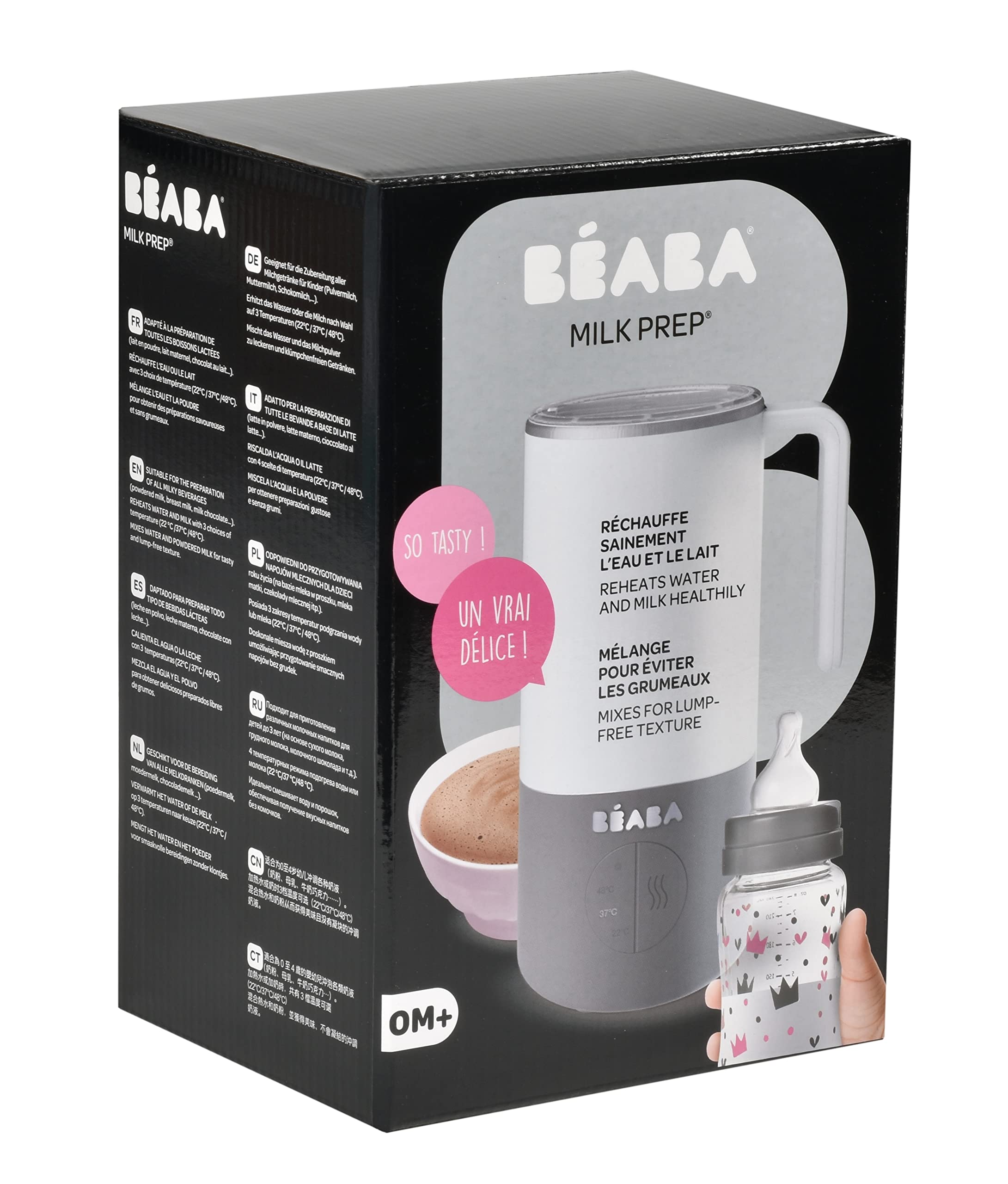Béaba Milk Prep, Preparador de biberón y bébidas lactéas, Calentamiento rápido, Leche en polvo, Leche de crecimiento, Chocolate con leche - Para bebés y niños, Gris