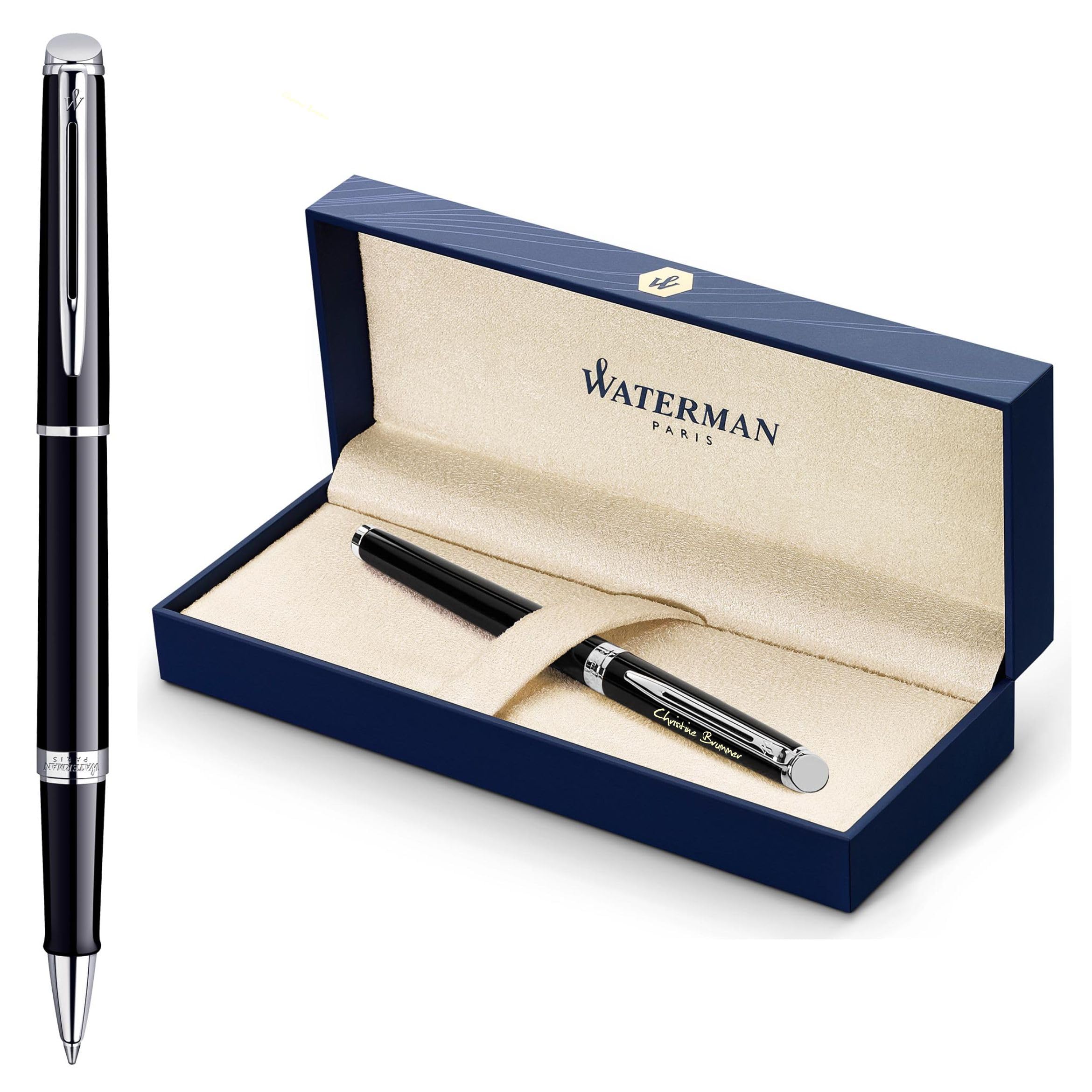 Waterman Hémisphère Stylo roller avec gravure - Stylo d'écriture de luxe personnalisé - Cadeau élégant pour homme et femme - Encre noire (vernis noir C.C)