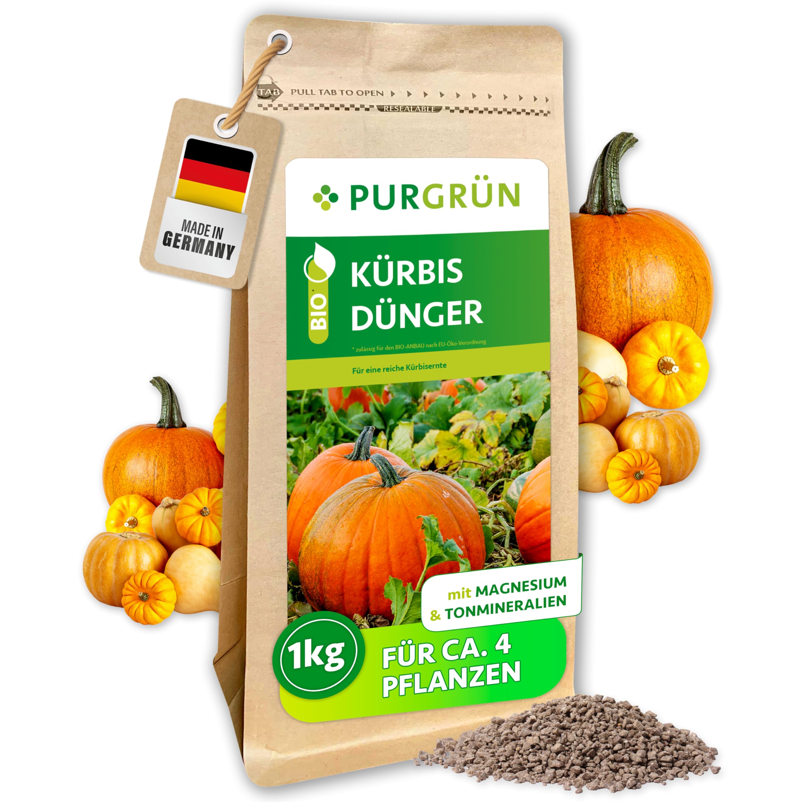Bio-Kürbis-Dünger 1 kg – Organisch-mineralische Rezeptur – Feinkörniges Krümelgranulat – NPK 6+3+8 – Mit Magnesium für gesunde Pflanzen & prächtige Kürbisse – Verbessert die Bodenqualität