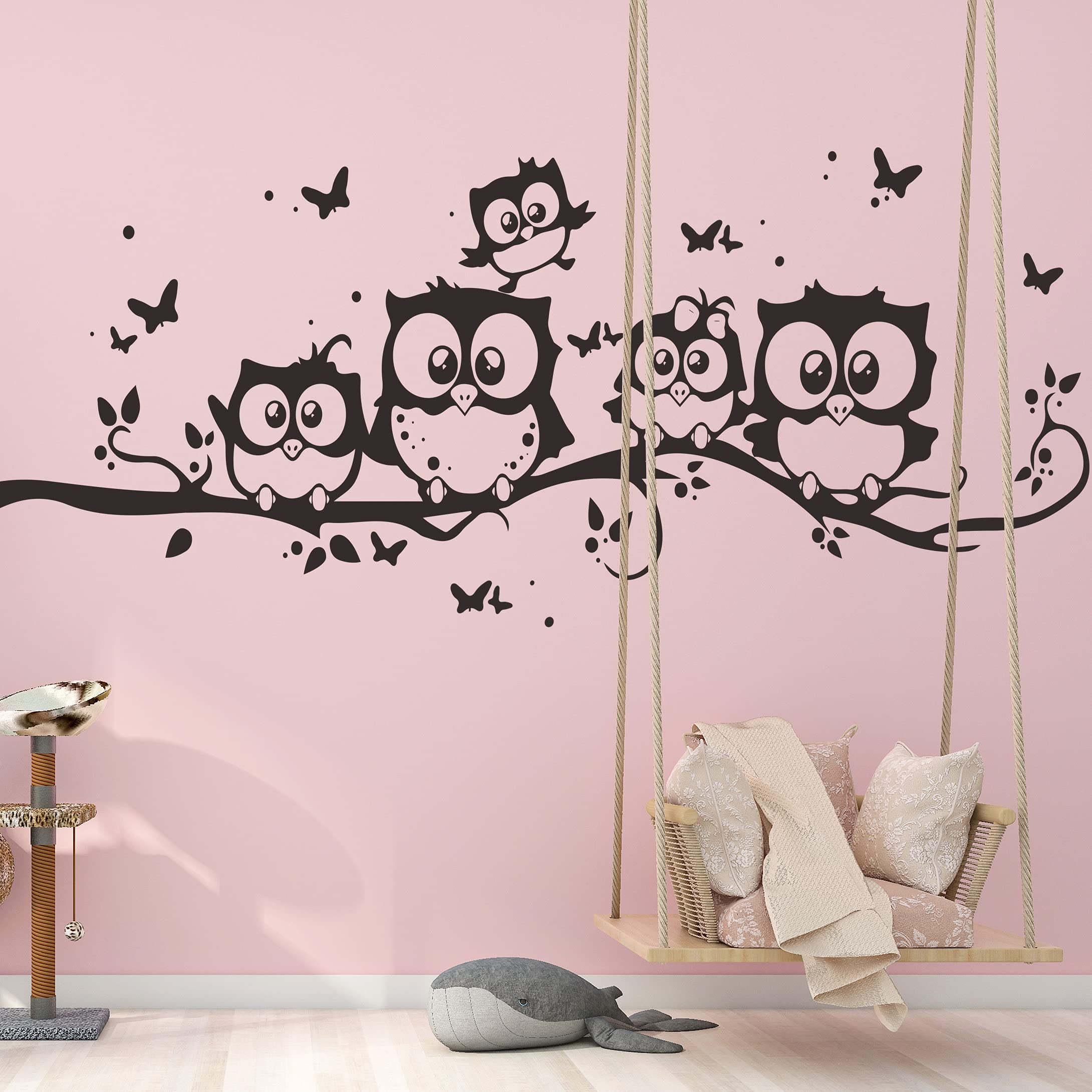 Calcomanía de pared con diseño de búhos familiares en las ramas del árbol, vinilo negro de dibujos animados, para decoración de pared para habitaciones de bebés, niños, dormitorio, sala de estar,