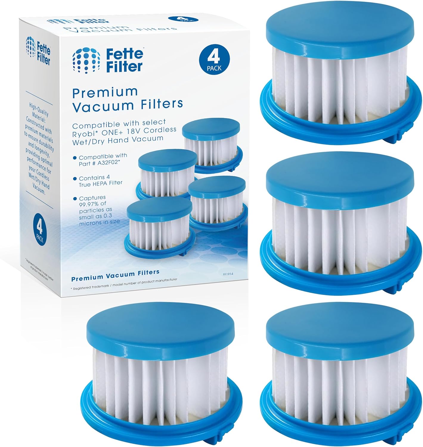 Fette Filter - A32F02 HEPA Filter Compatible with Ryobi ONE+ 18V Cordless Wet/Dry Hand Vacuum PCL702 PCL702B PCL702K. Compare to Part #A32F02. Pack of 3