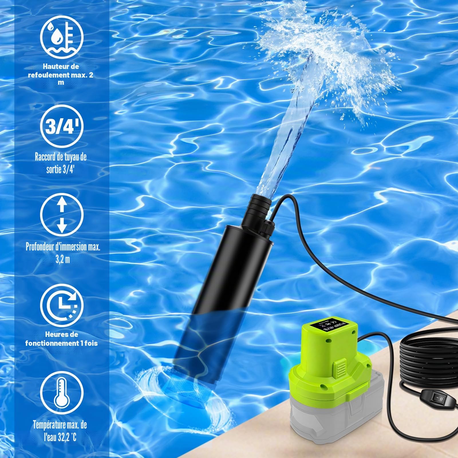 Pompe submersible 635GPH pour batterie Ryobi 18 V, pompe à eau sans fil avec filtre à sédiments, pompe de transfert 100 W, pompe à eaux chargées à haut débit pour piscine, jardin, baignoire