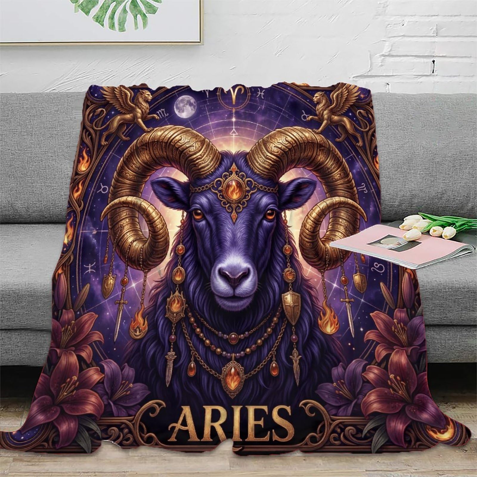 H3B8U2Y5 Aries Zodiac Mystical Ram for Flannel Throw Blanket, Couch TV Time