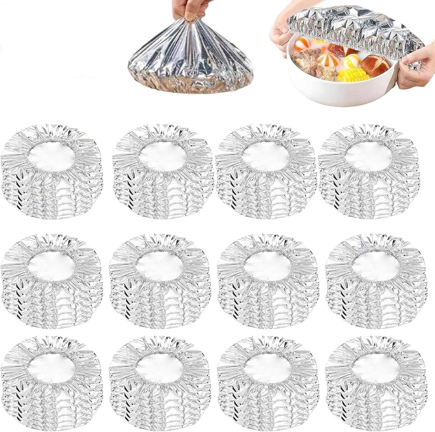 Reusable Aluminum Foil Food Covers, Thickened Heat-Resistant Food Covers, Home Dining Table &amp; Food Container Aluminum Foil Heat-Retaining Cover, Elastic for Bowls &amp; Plates (60 Pack)