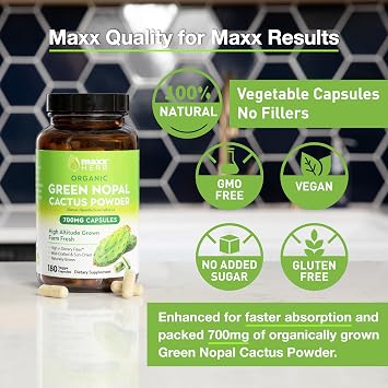 Maxx Herb Green Nopal Cactus Capsules - Organic Cactus Fiber, Vitamins, Antioxidant, Metabolic Support, No Added Sugar, Non-GMO, Gluten Free (180 Veggie Capsules)