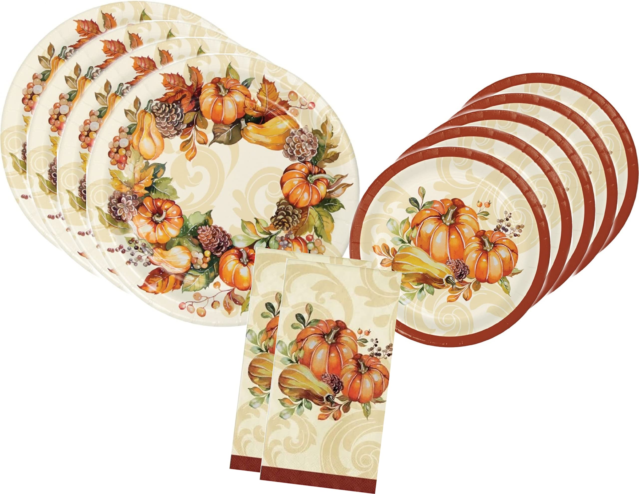 Thanksgiving Fall Harvest Plates and Napkins Party Supplies Bundle for 16 Guests - Autumn Wreath