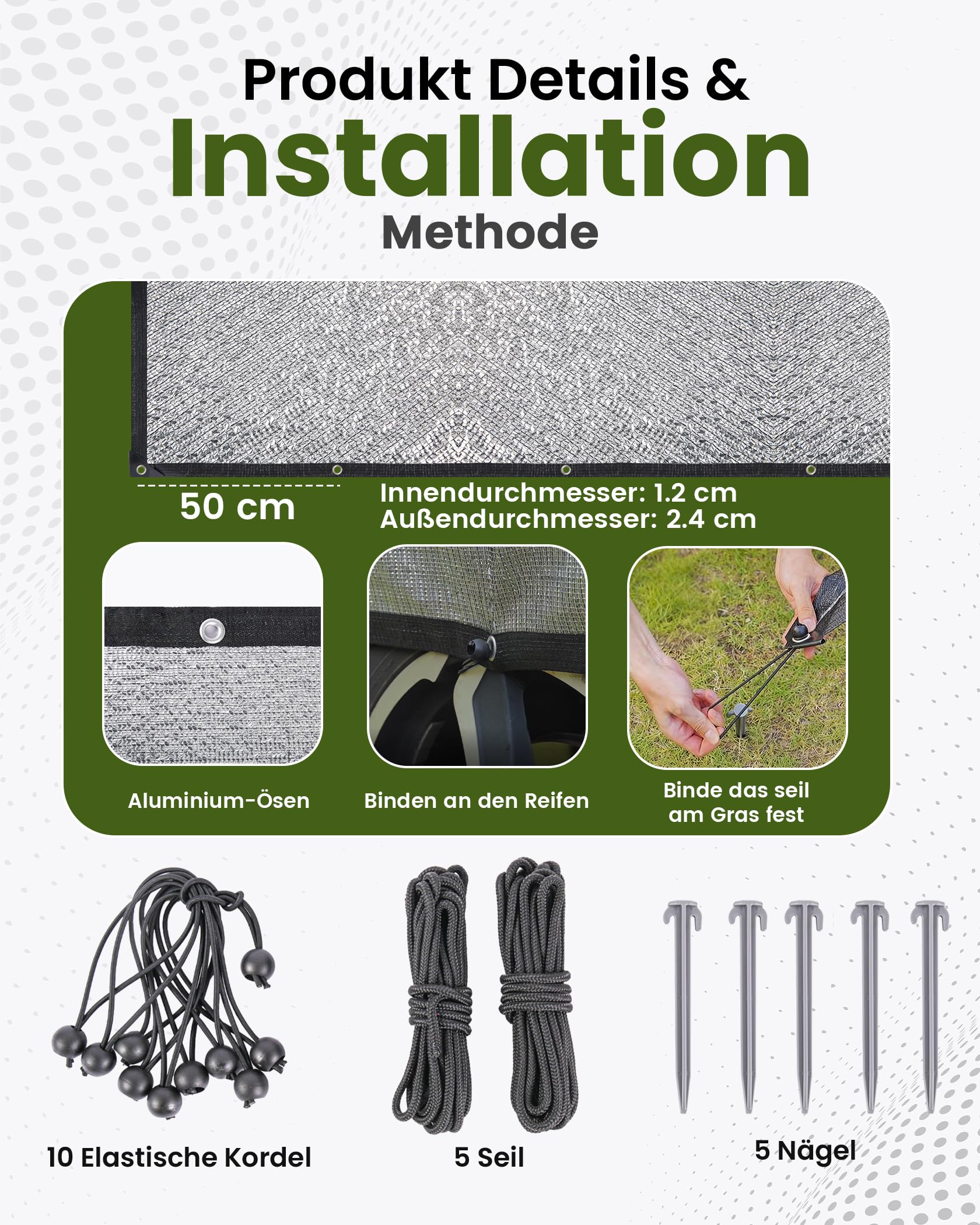 Telo parasole in alluminio riflettente al 99% da 3 x 4 m, con occhielli, copertura per auto in alluminio con corda elastica, chiodi, protezione UV per uso esterno, cortile, auto, animali