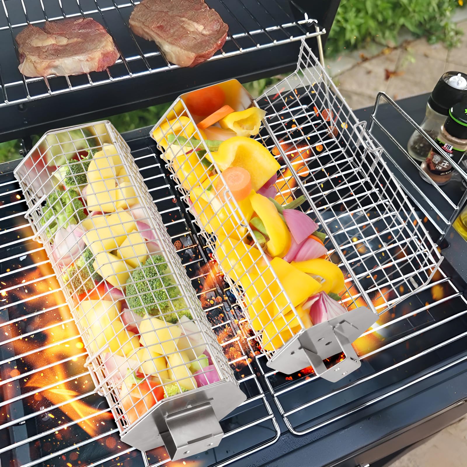 Rollendes Grillkorb Set,Grill Zubehör mit Abnehmbarem Holzgriff,Edelstahl-Nesting-Grillnetz, Outdoor Küche Grill Zubehör für Gemüse, Fleisch und Meeresfrüchte am Außengril, Geschenke für Männer(2 PCS)