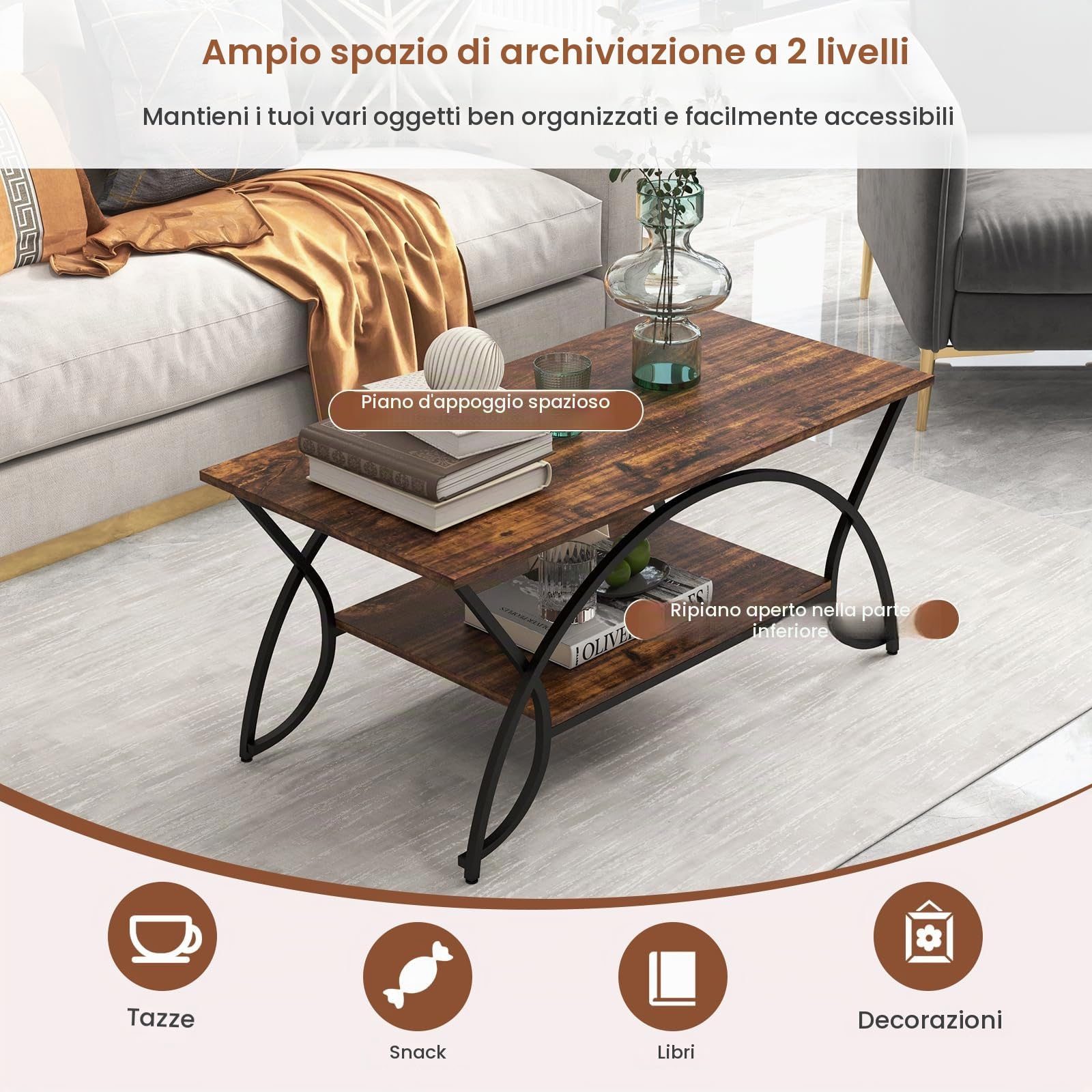 GIANTEX Tavolino da Caffè Oro, Tavolo da Salotto con Gambe in Metallo, Tavolino con Effetto Marmo per Soggiorno, Studio, Camera,110 x 50 x 46 cm (Marrone)