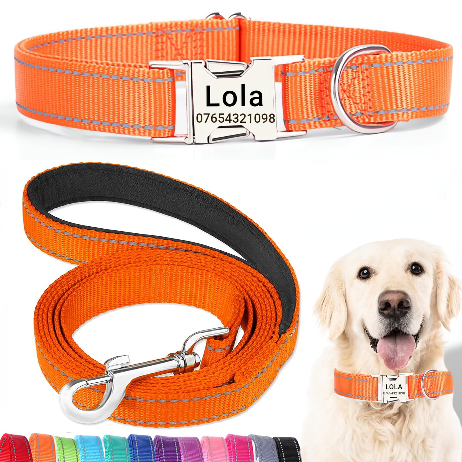 SEOUGEE Personalised Dog Collar and Lead Set with Engraved Metal Buckle, Reflective Nylon Dog Collars and Leash for Small Dogs with Custom Name Plate Phone Number (Orange Set, S:Neck 30-40cm)