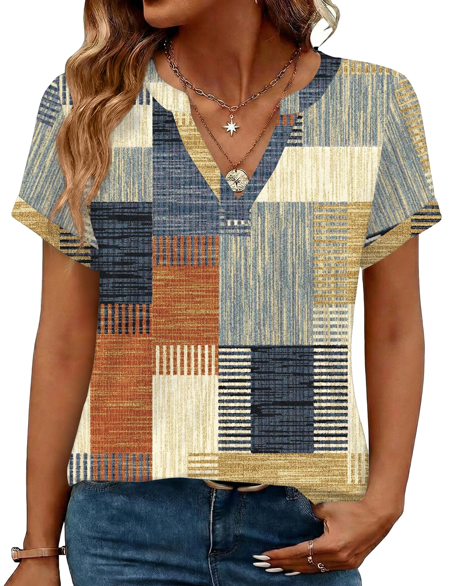 Rapbin Damen Bluse Kurzarm V-Ausschnitt Elegant Tunika Sommer Oberteile Casual Locker T-Shirt Freizeit Tops